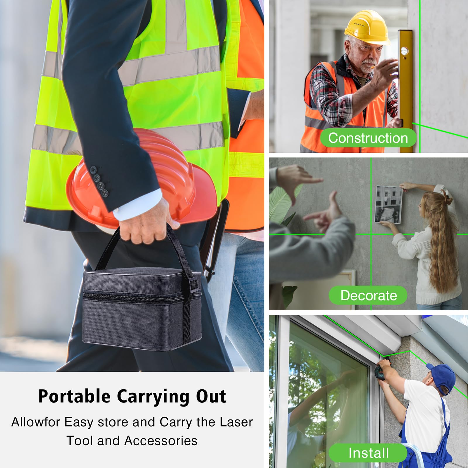 Self-Leveling Laser Level Tool - 3x360° Cross Line Green Laser for Construction, Picture Hanging & DIY Projects | High Accuracy Measurements | Includes 2 Rechargeable Batteries & Carry Case | Perfect for Home Renovation, Tile Installation & Wall Decorating