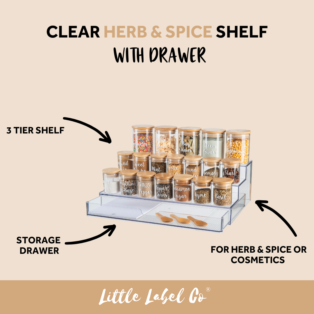 Clear Acrylic Herb & Spice Shelf with Drawer - 12 Jar Organizer for Kitchen Countertop, Pantry or Spice Rack Storage - Perfect for Organizing Cooking Ingredients, Tea Bags and Small Bottles