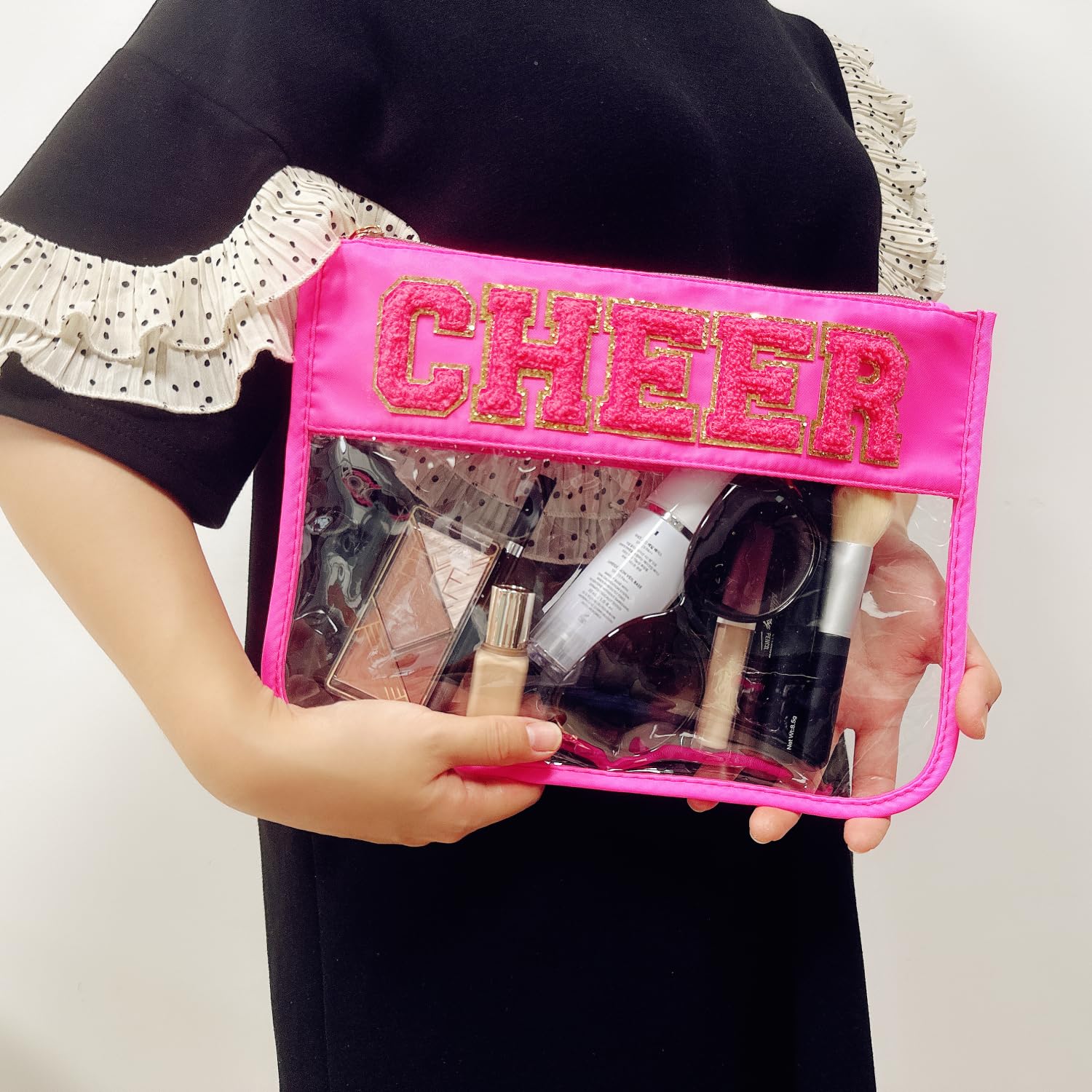 Hot Pink Cheerleader Makeup Bag with Chenille Letter Patch - Clear Cosmetic & Toiletry Zipper Pouch for Women & Girls - Perfect for Cheerleading Competitions, Gym Essentials & Travel Organizer
