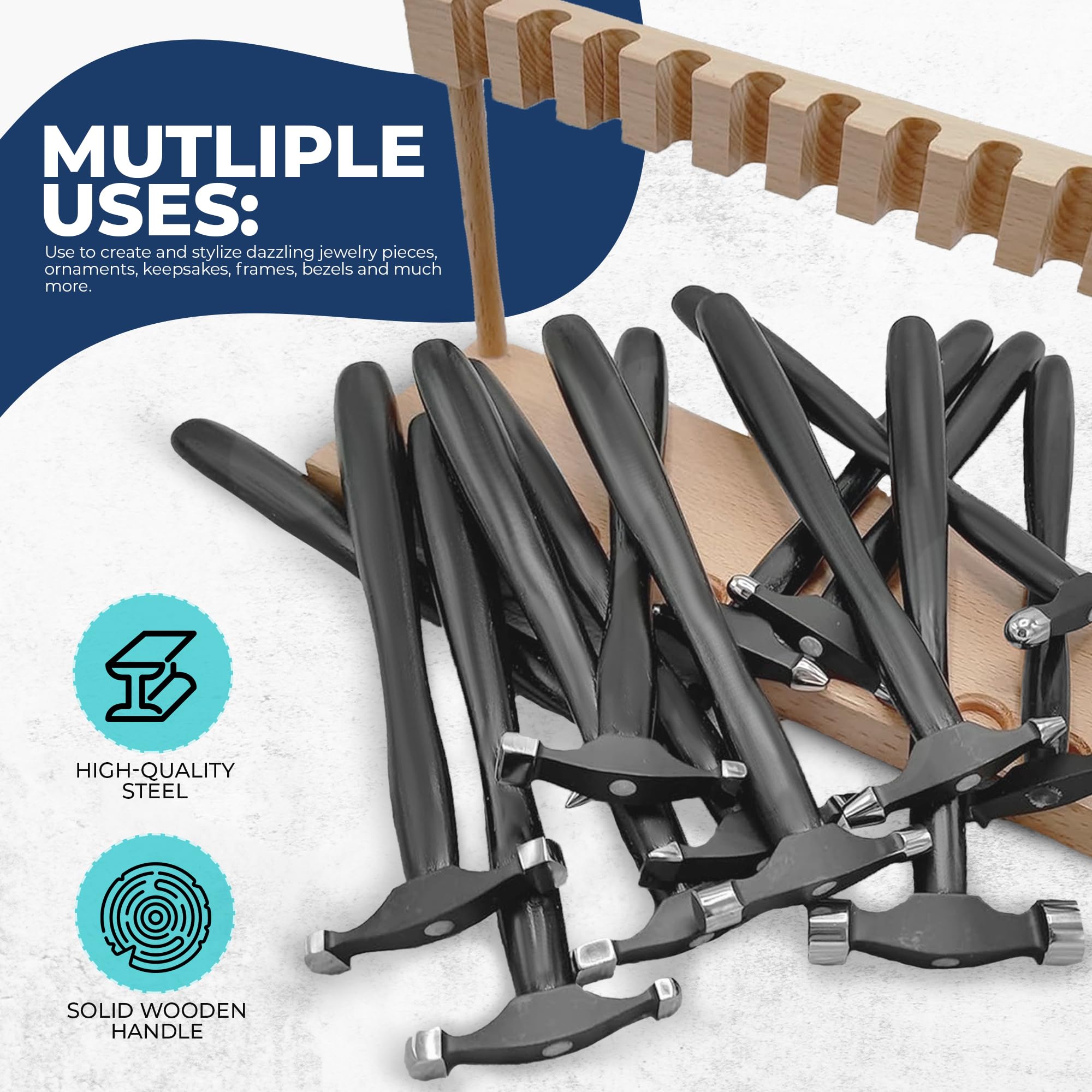 13-Piece Jewelry Making Tool Set with Texture Forming Metal Hammers & Wooden Stand - Professional Jewelers Hammer Kit for Metal Stamping, Shaping & Forming - Perfect for DIY Jewelry Crafting & Metalworking Projects