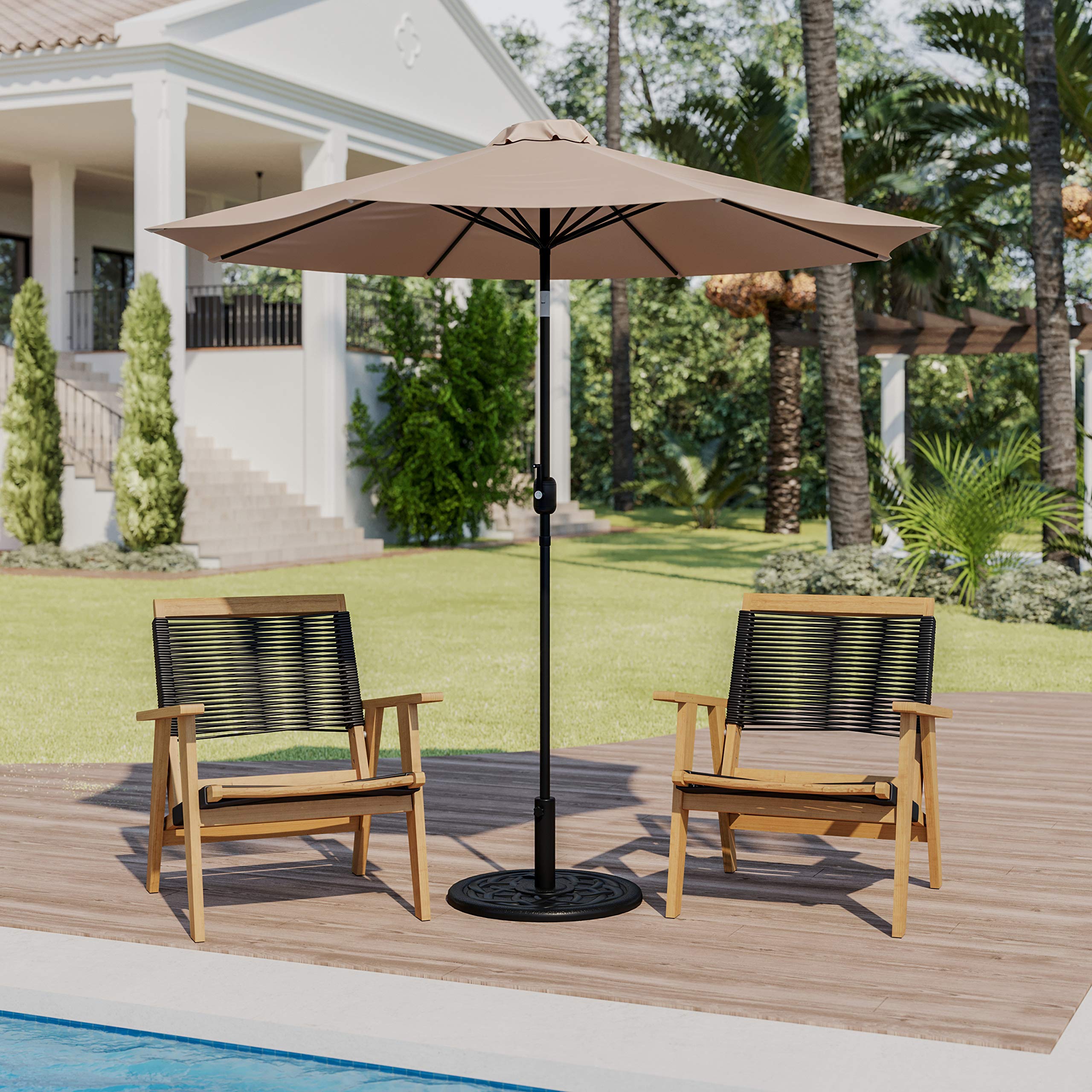 EMMA + OLIVER 9 FT Round Patio Umbrella with Universal Cement Waterproof Base - Outdoor Garden, Poolside, and Beach Sun Protection Umbrella Set