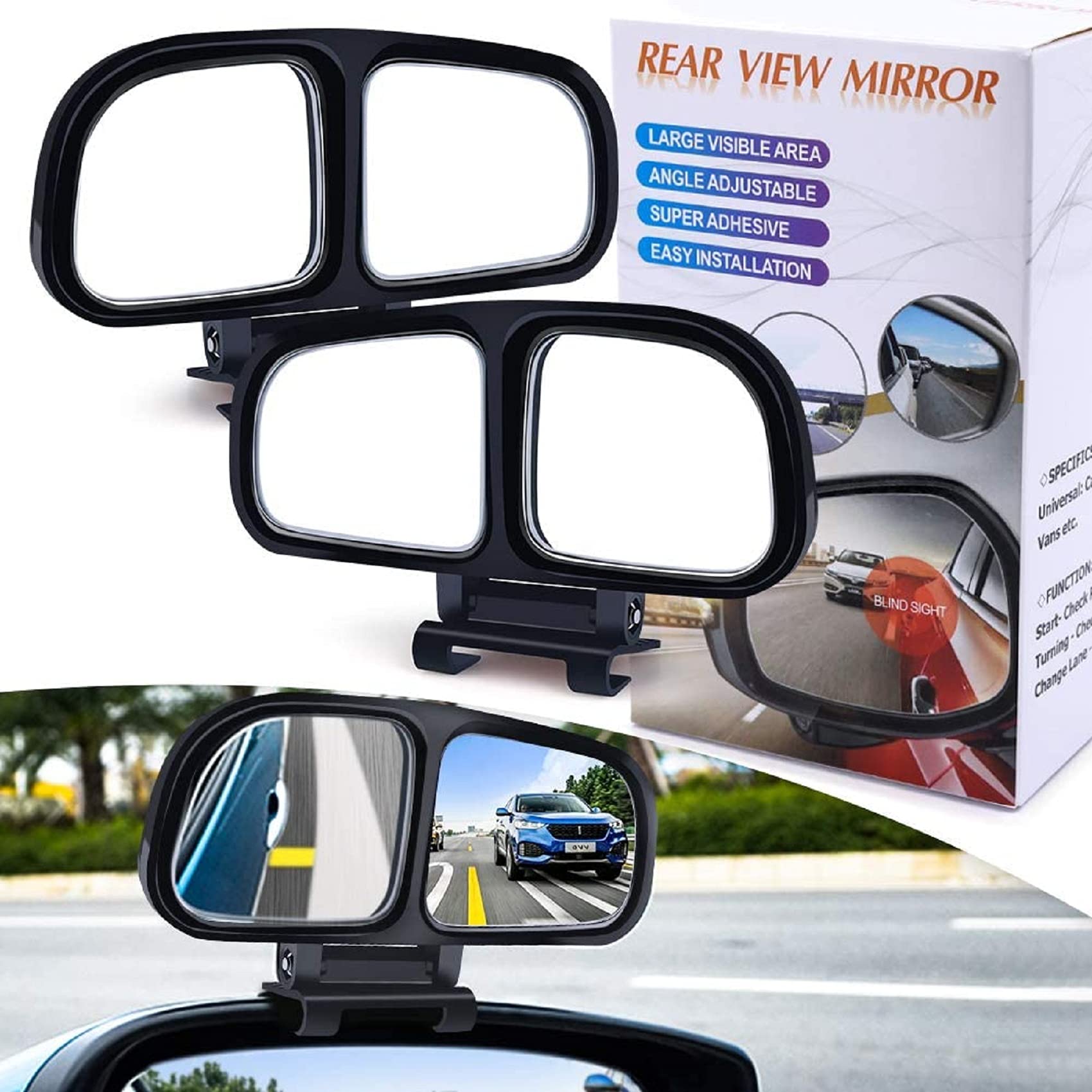 Universal Blind Spot Mirror for Cars & Trucks - Adjustable Left/Right Wide Angle Rearview Mirror, Black - Enhances Safety for Parking, Lane Changes & Reversing