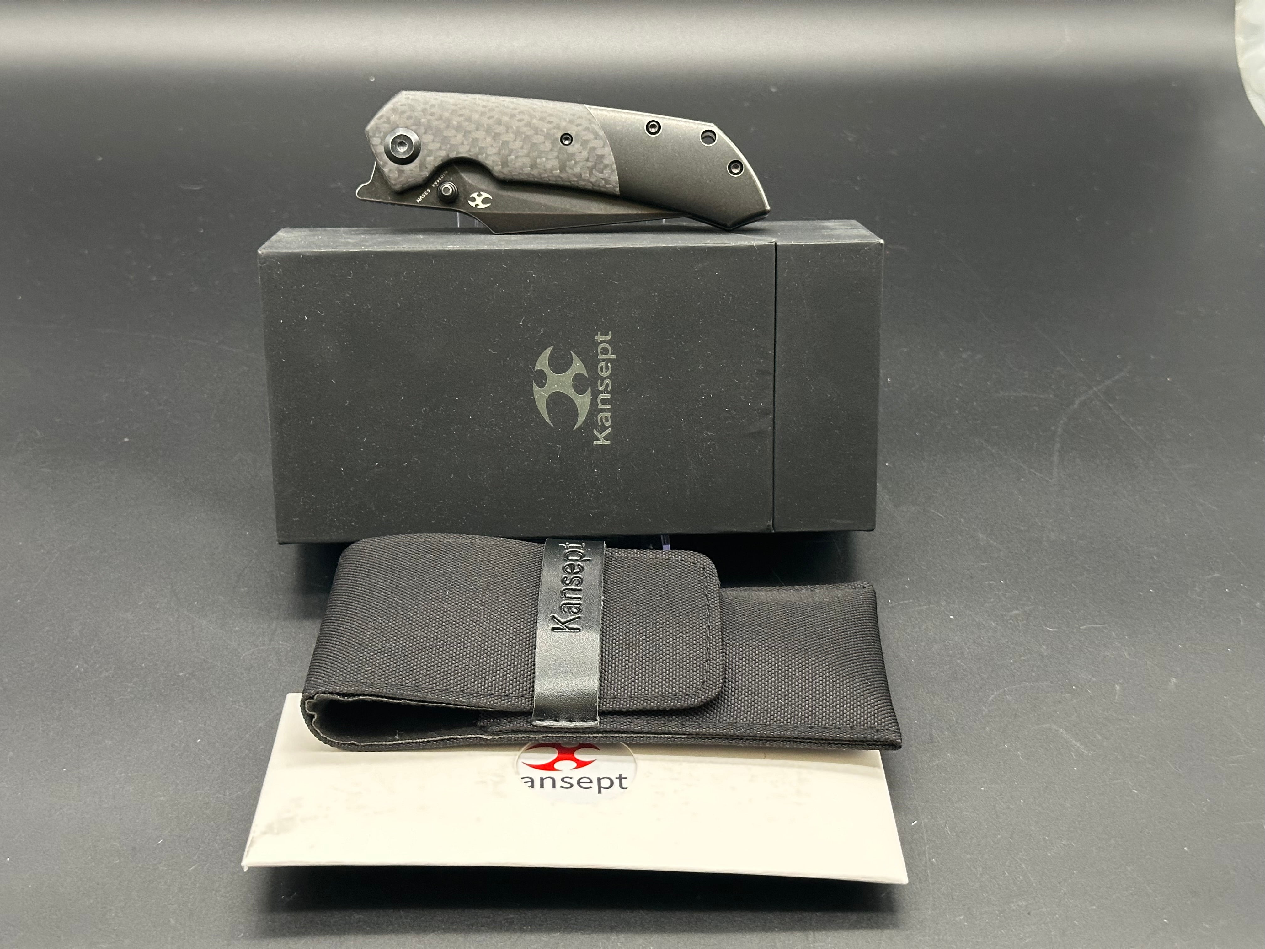 KANSEPT FENRIR Folding Knife - S35VN Plain Black Blade, Twill Carbon Fiber & Black Titanium Handle (K1034A4) | EDC, Outdoor Survival, Camping & Tactical Use
