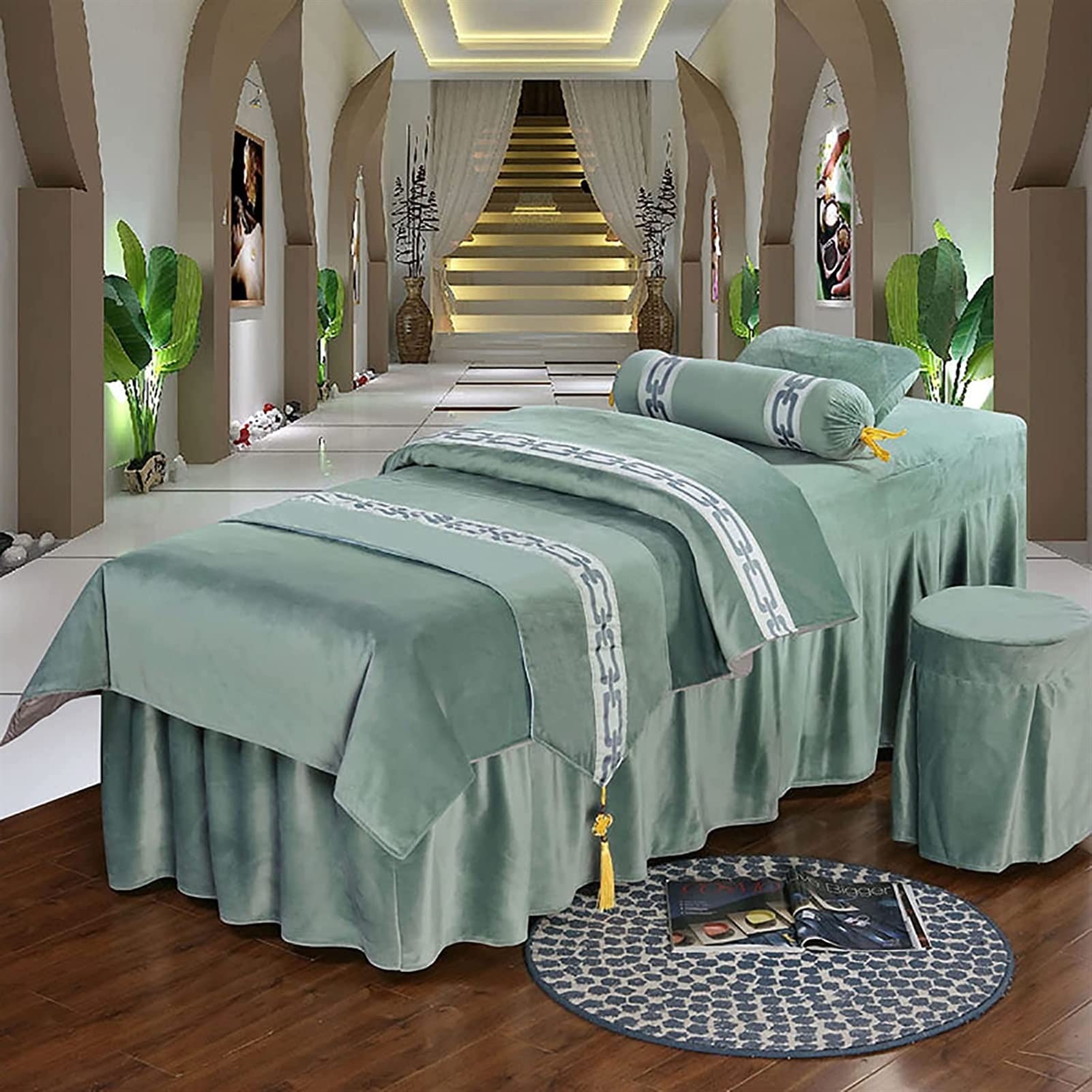 Premium Flannel Massage Table Sheet Set - 5-Piece Dark Green Spa Bed Cover (73x28 inches) for Professional Massage Therapy & Relaxing Home Spa Treatments