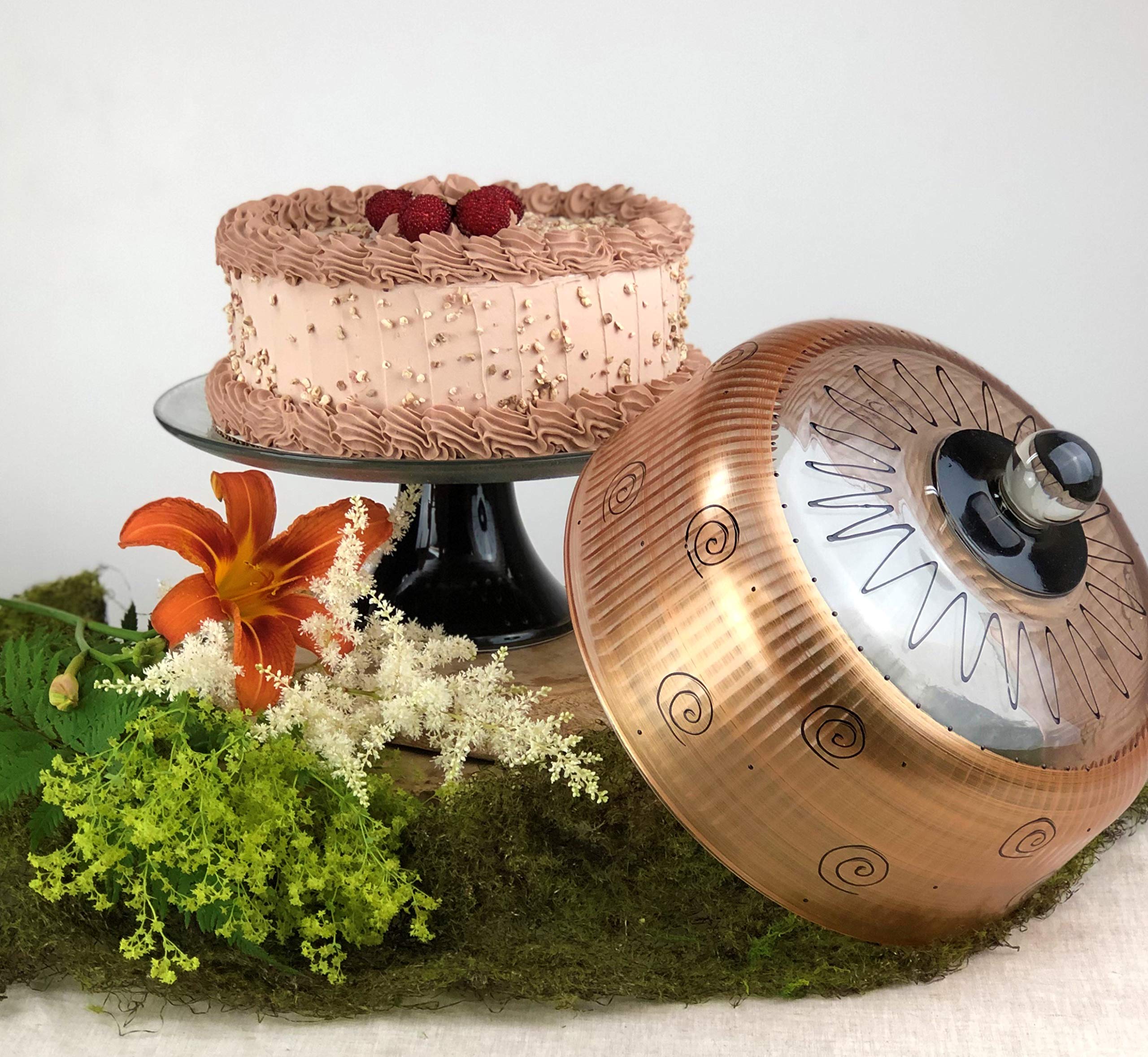 Hand Painted Glass Cake Stand with Cover - Tuscan Sunset Collection - Vibrant Gold Decorative Cake Dome - Unique Kitchen Table Decor for Weddings, Parties & Home Baking Display