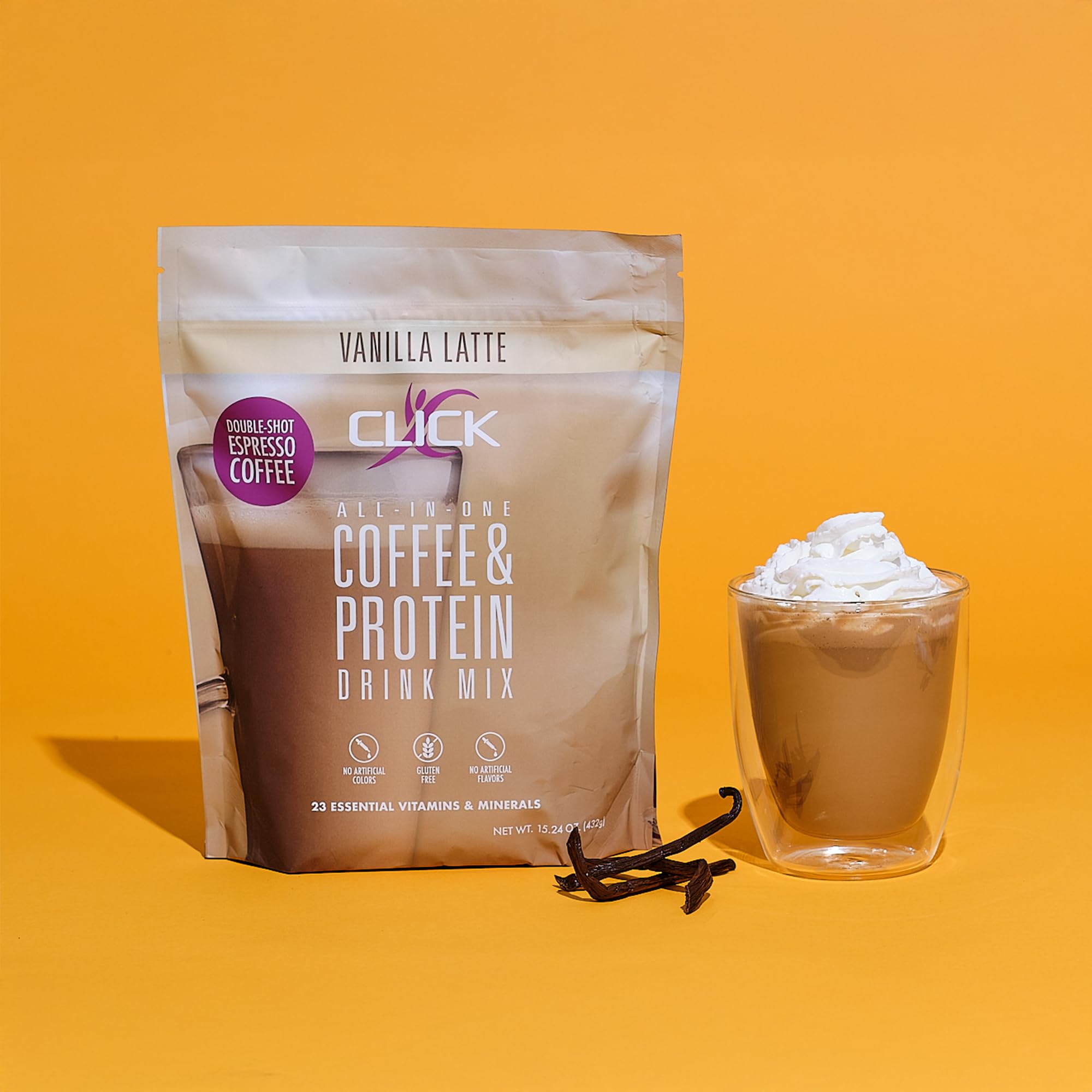 Click Coffee Protein Powder - Double Shot Espresso with 16g Protein & 23 Vitamins | Low Calorie Meal Replacement Shake | 150mg Caffeine, Gluten Free, No Artificial Flavors | Vanilla Flavor | Perfect for Post-Workout Recovery & Busy Mornings