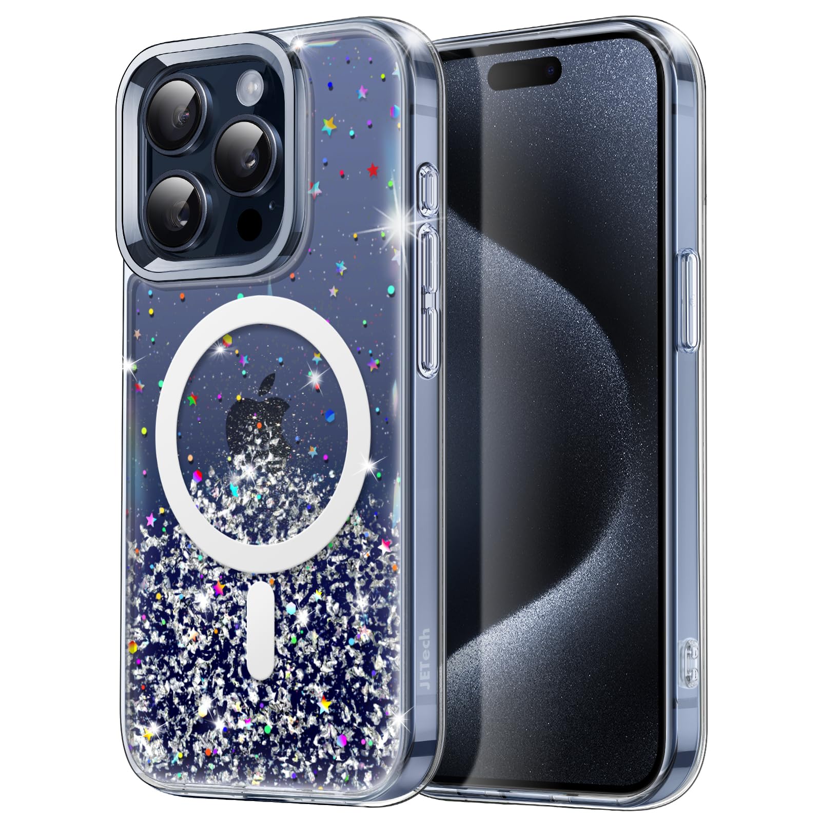 JETech Glitter Magnetic Case for iPhone 15 Pro 6.1 Inch | MagSafe Compatible | Sparkly Clear Shockproof Cover for Women & Girls | Blue Titanium | Perfect for Everyday Use, Parties & Gifts