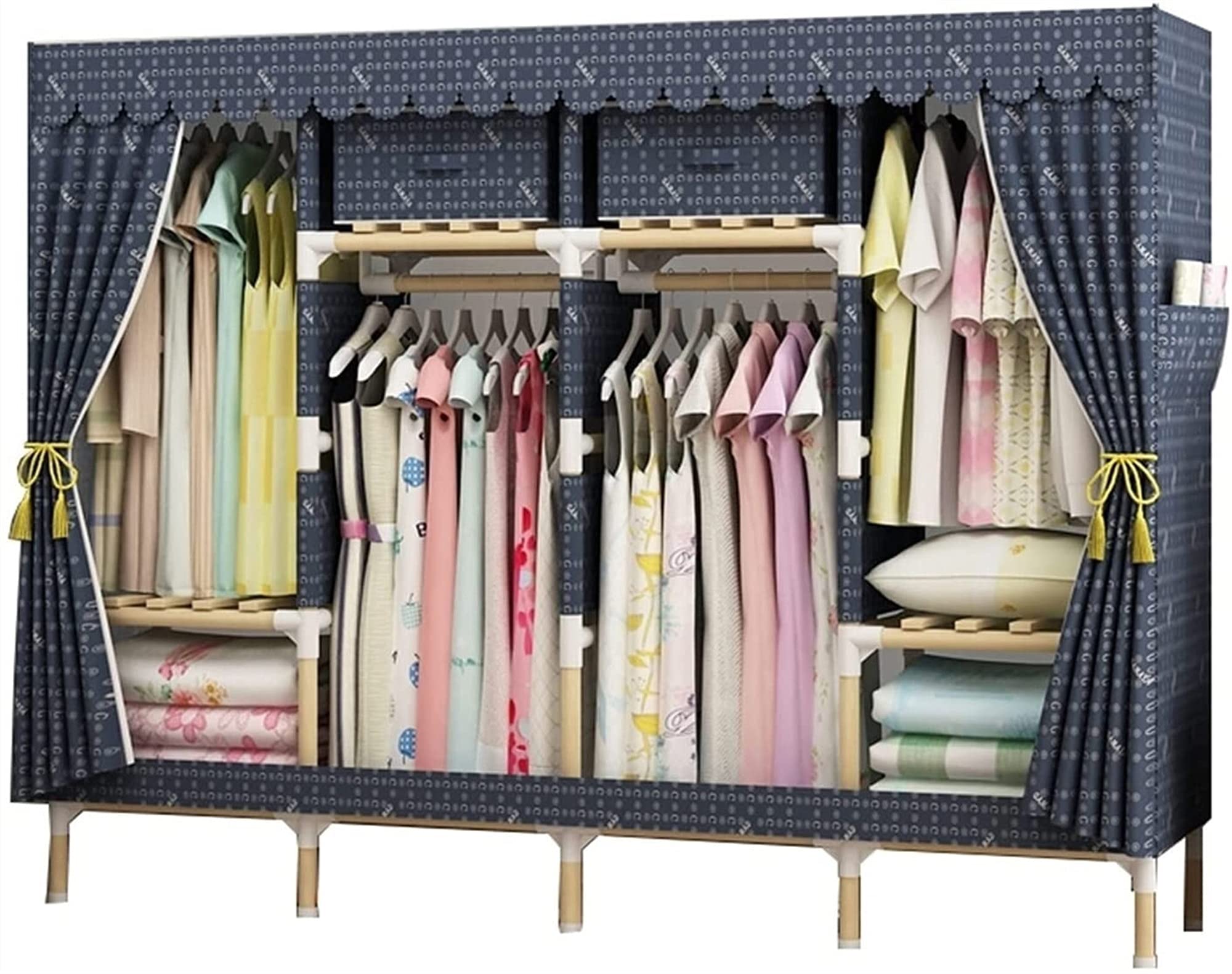 Portable Double Folding Wardrobe Closet - Solid Wood Clothing Storage Cabinet for Hanging Clothes | Space-Saving Home Organization Solution for Bedroom, Closet & Small Apartments | HAODAMAI
