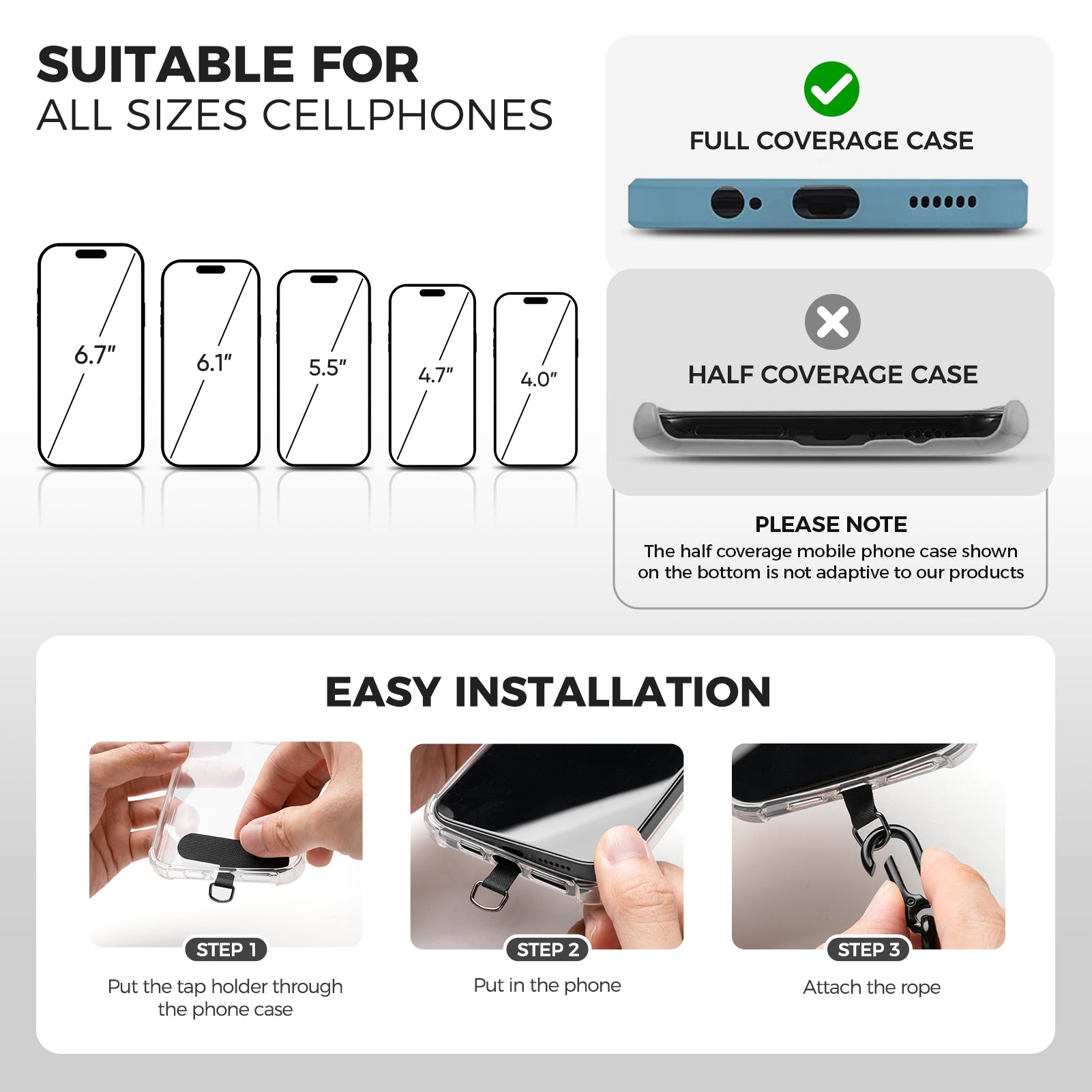 Universal Phone Lanyard with Adhesive Patch - DAC101 Compatible with All Smartphones for Hands-Free Convenience at Work, Gym, and Travel