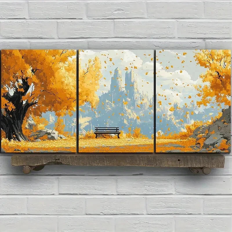 3-Piece Autumn Leaves Metal Wall Art Print - Ready to Hang Bench Scene Decor for Living Room, Bedroom & Office