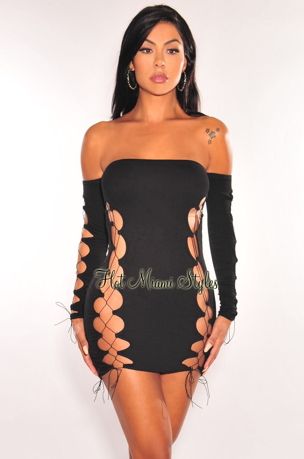 Sexy Black Off Shoulder Long Sleeve Lace Up Mini Dress for Women - Perfect for Date Night, Parties & Special Occasions