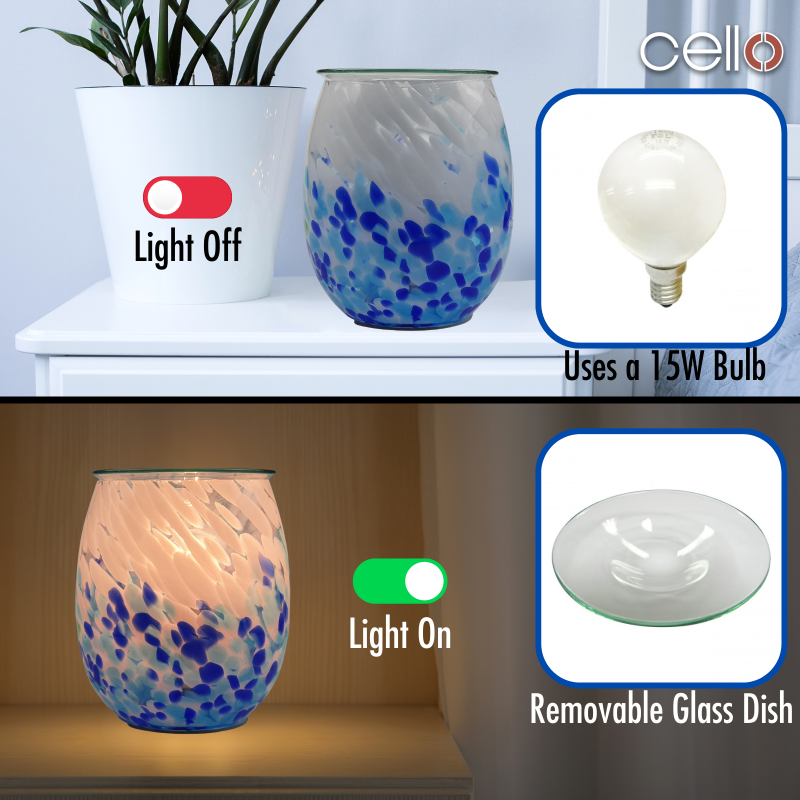 Elegant Cello Electric Wax Warmer with Art Glass Crashing Waves Design - Perfect for Home Aromatherapy & Relaxation