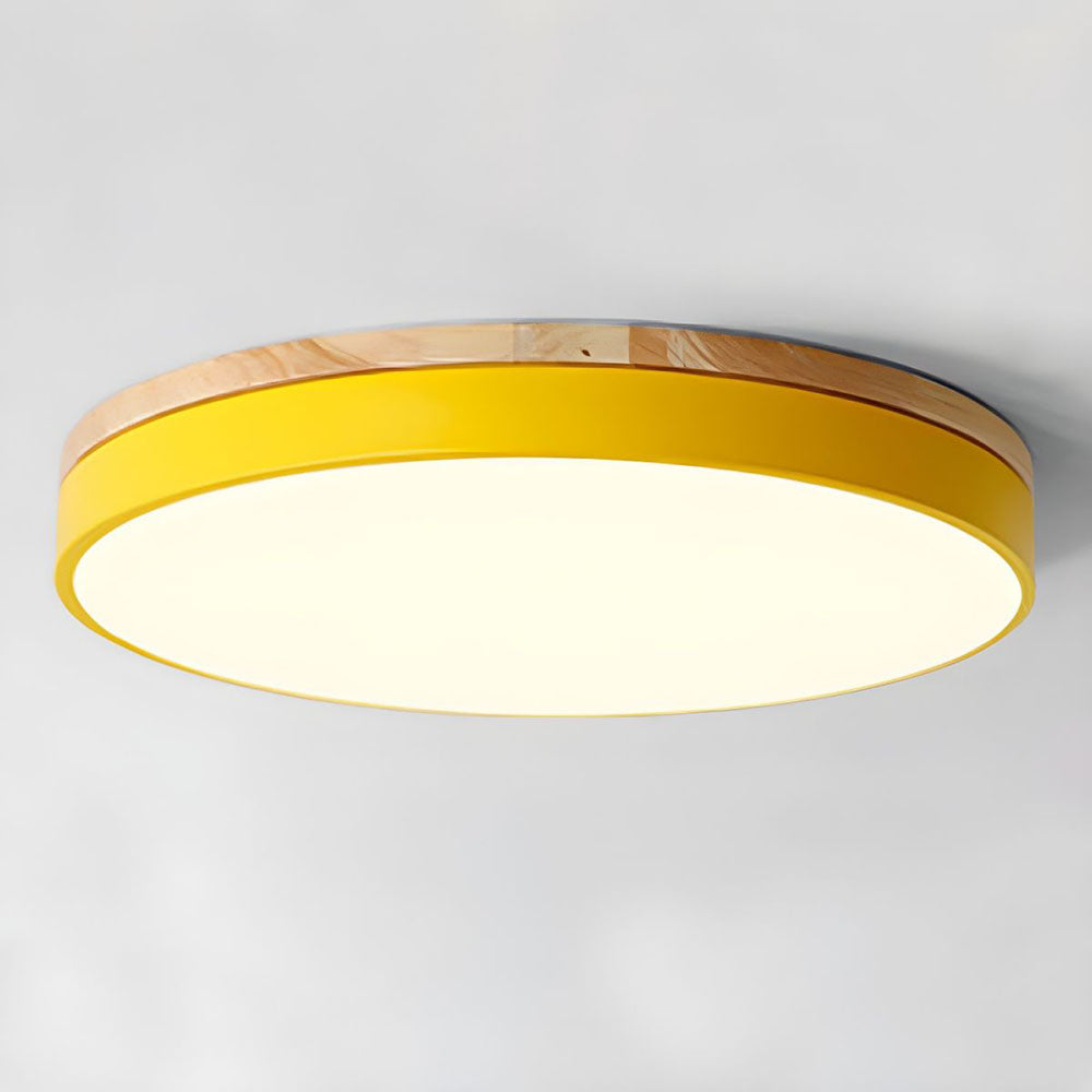 Modern Wooden Round Flush Mount Ceiling Light Fixture - Natural Wood Grain Finish - Dimmable LED Lighting for Bedroom, Living Room, Kitchen & Hallway