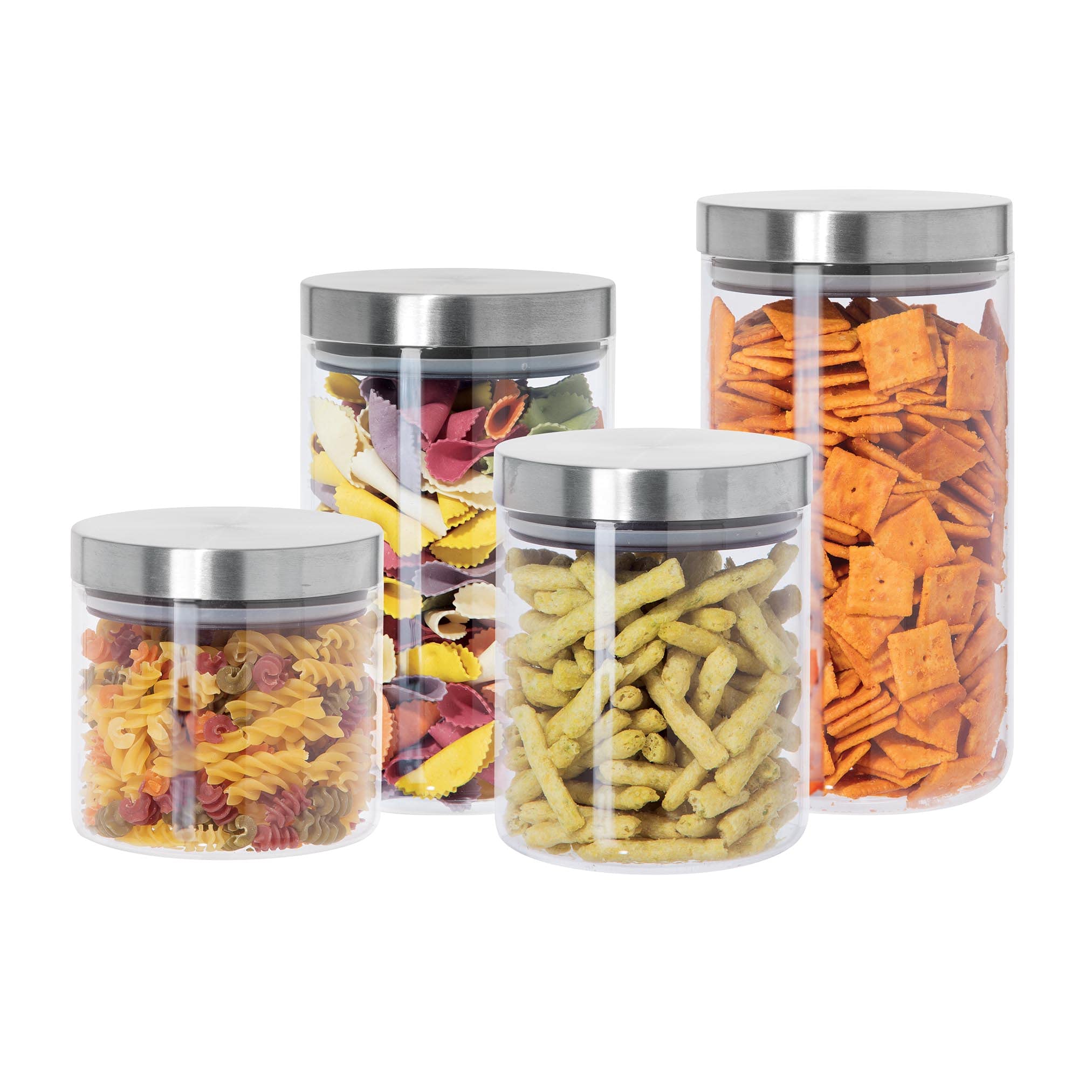 OGGI 4-Piece Round Glass Canister Set with Stainless Steel Lids - Airtight Food Storage Containers for Kitchen & Pantry | Store Bulk Dry Foods Like Grains, Pasta, Nuts, Dried Fruits & Baking Ingredients | Perfect for Meal Prep, Coffee Bar & Countertop Organization