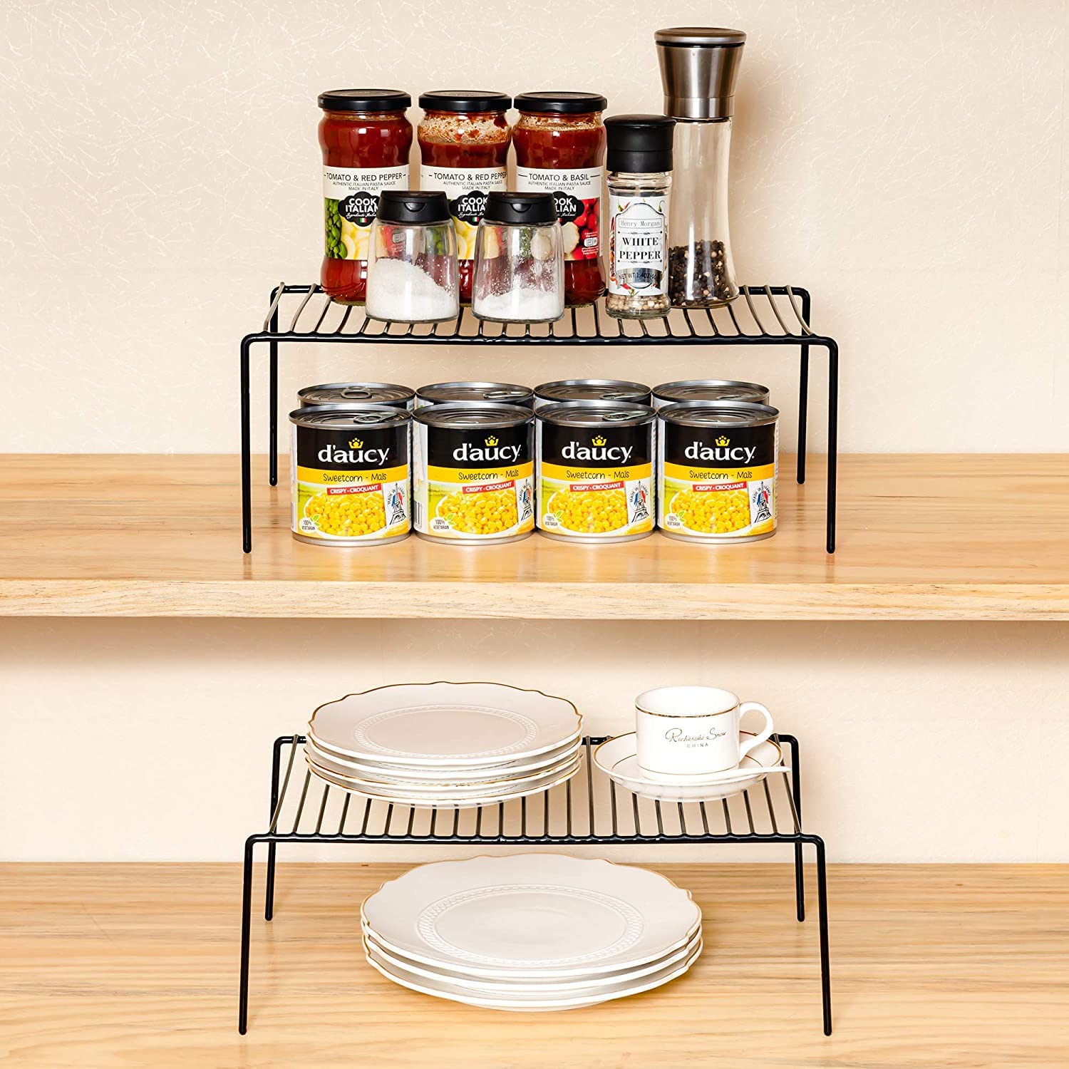 5-Pack Large Metal Wire Kitchen Cabinet Shelf Organizer (15.7 x 9.4 Inch) - Black Pantry Storage Shelves for Dishes, Plates, Freezer & Cupboard Organization | Space-Saving Cabinet, Countertop & Kitchen Storage Solution