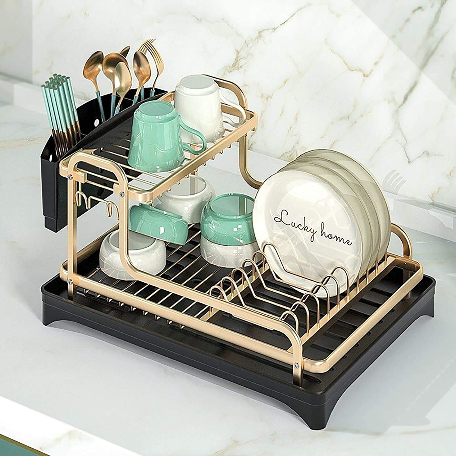 2-Tier Aluminum Dish Drying Rack with Removable Drip Tray & 360° Swivel Drainage - Space-Saving Kitchen Organizer for Plates, Cups & Utensils | Perfect for Small Kitchens, Countertops & Dish Drainage