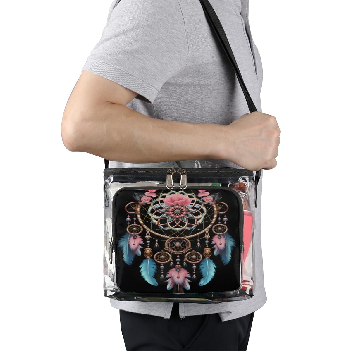 GzLeyigou Gypsy Dream Catcher Clear Tote Bag - Transparent Crossbody Shoulder Bag with Handles, Ethnic Bohemian Design for Lunch, Outdoor, Travel, Picnic, Concerts & Sports Events - Stadium Approved Clear Purse for Women, Perfect for Music Festivals, Beach Days and Shopping