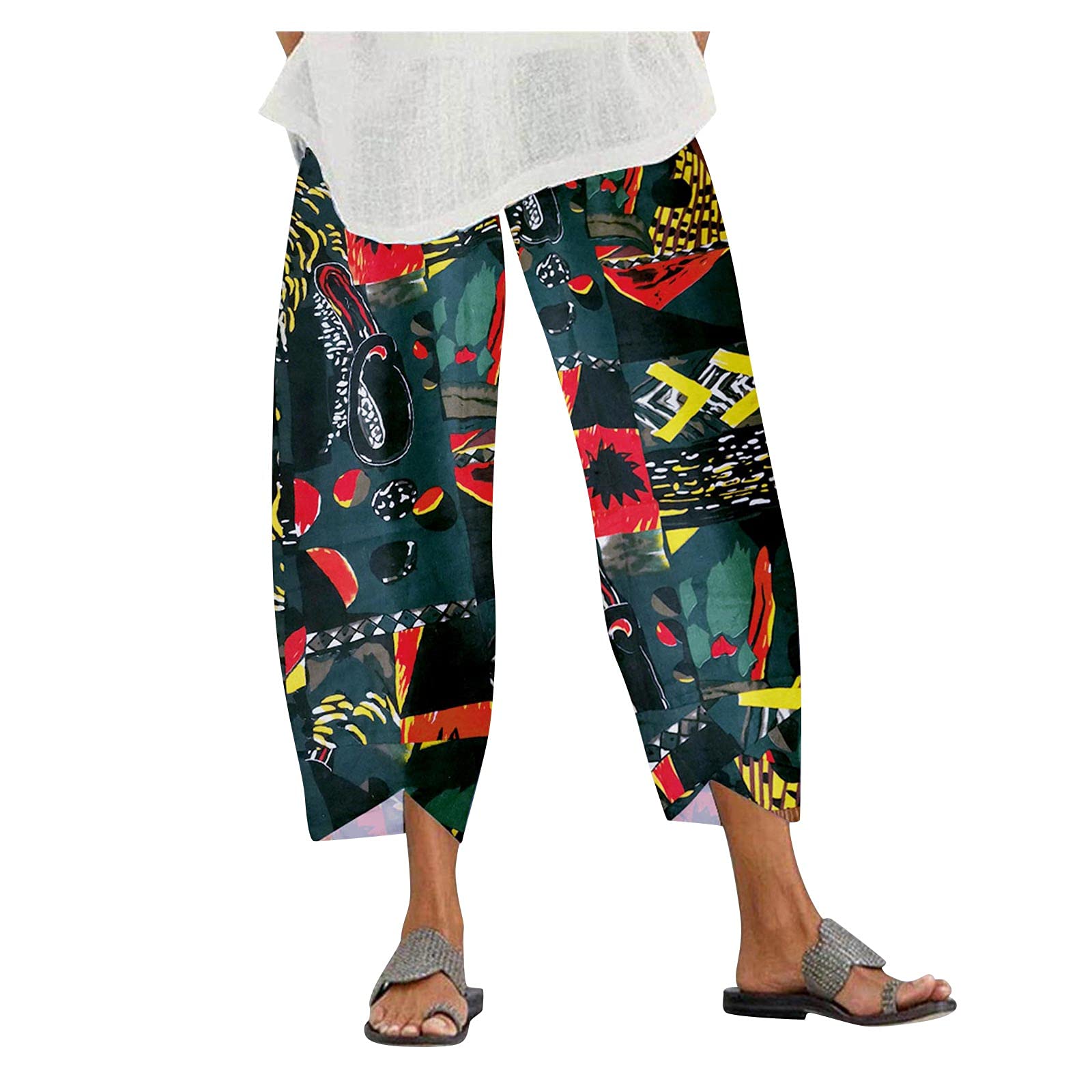 Women's Stretch Yoga Pants - Linen Wide Leg Elastic Waist Loose Printed Palazzo Pants (Red, Size M) | Perfect for Yoga, Lounge & Summer Comfort
