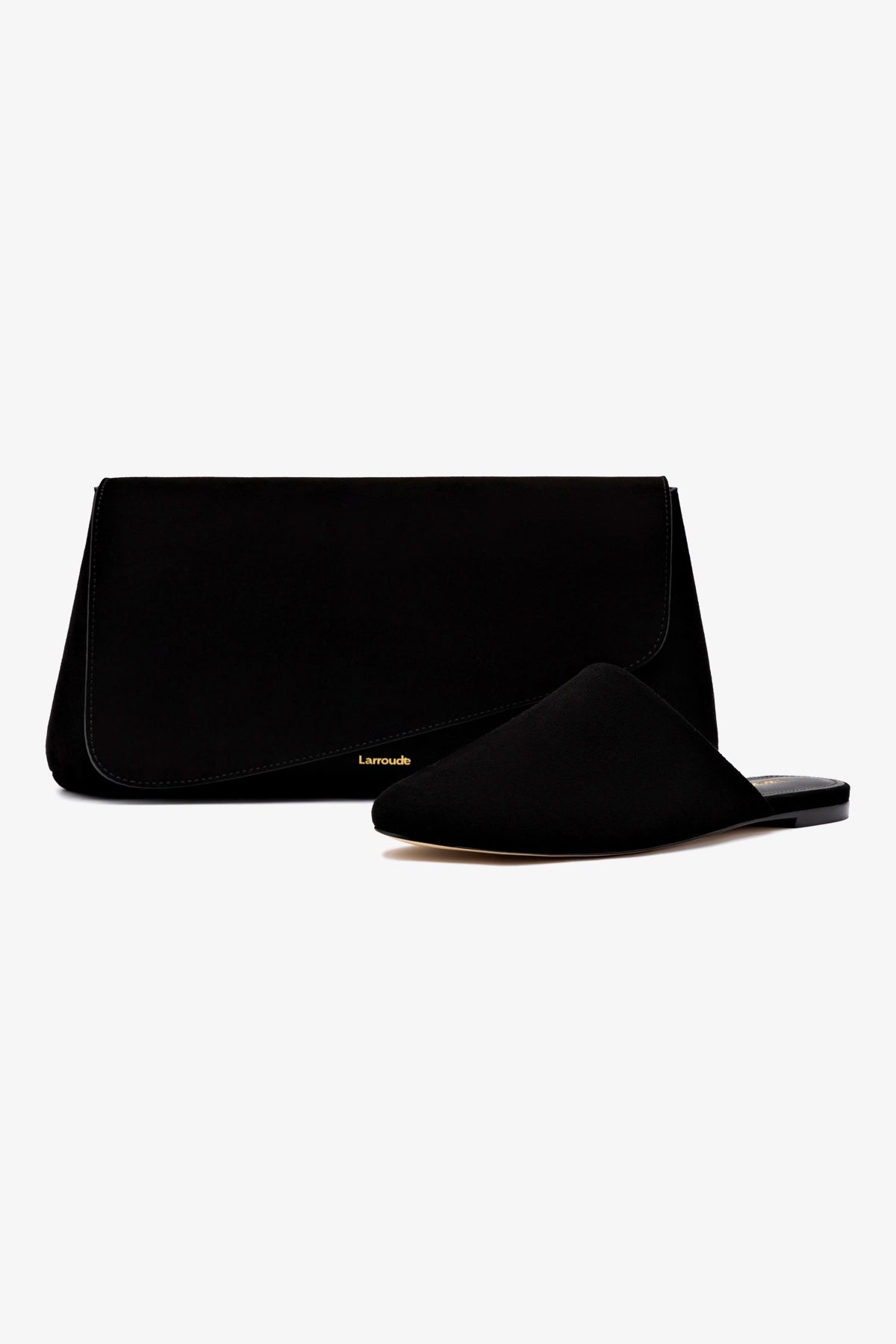 Black Suede Venice Flat Mule & Pouch Set - Comfortable Women's Slip-On Shoes with Matching Bag for Casual Outings, Work & Travel