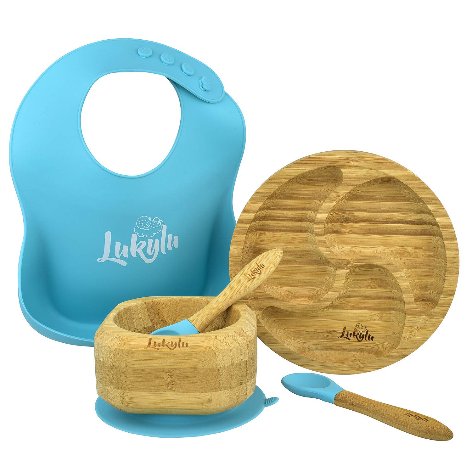 Lukylu 5-Piece Bamboo Baby Suction Plate Set - Non-Slip Toddler Bowls & Dishes for Kids - BPA-Free Training Plates for Babies - Perfect for High Chairs, Travel & Mess-Free Mealtime (Blue)