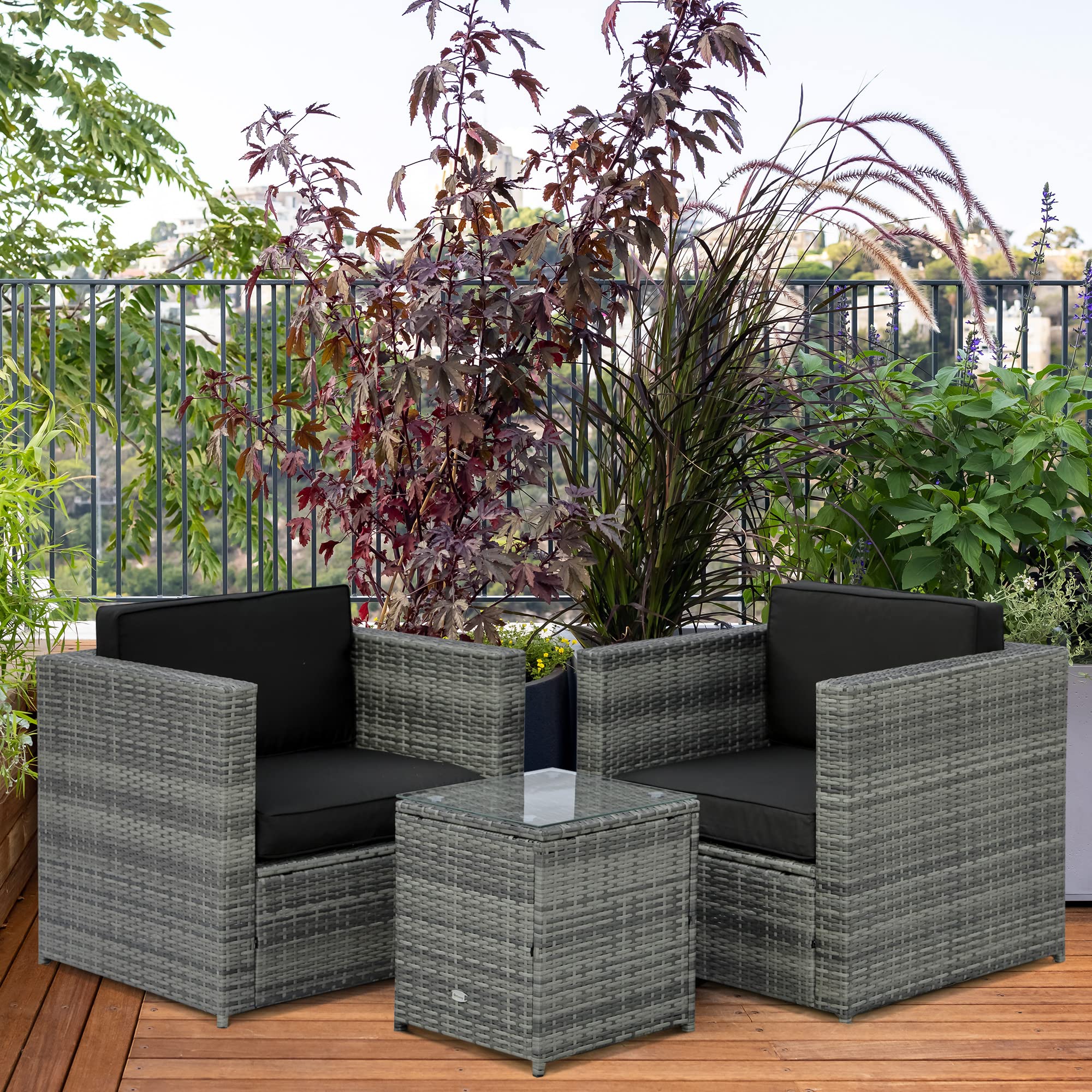 Outsunny 3-Piece Black Wicker Outdoor Bistro Set - Rattan Patio Furniture with Glass Coffee Table & Thickened Cushions - Perfect for Backyard, Balcony, Garden, Porch or Poolside Relaxation