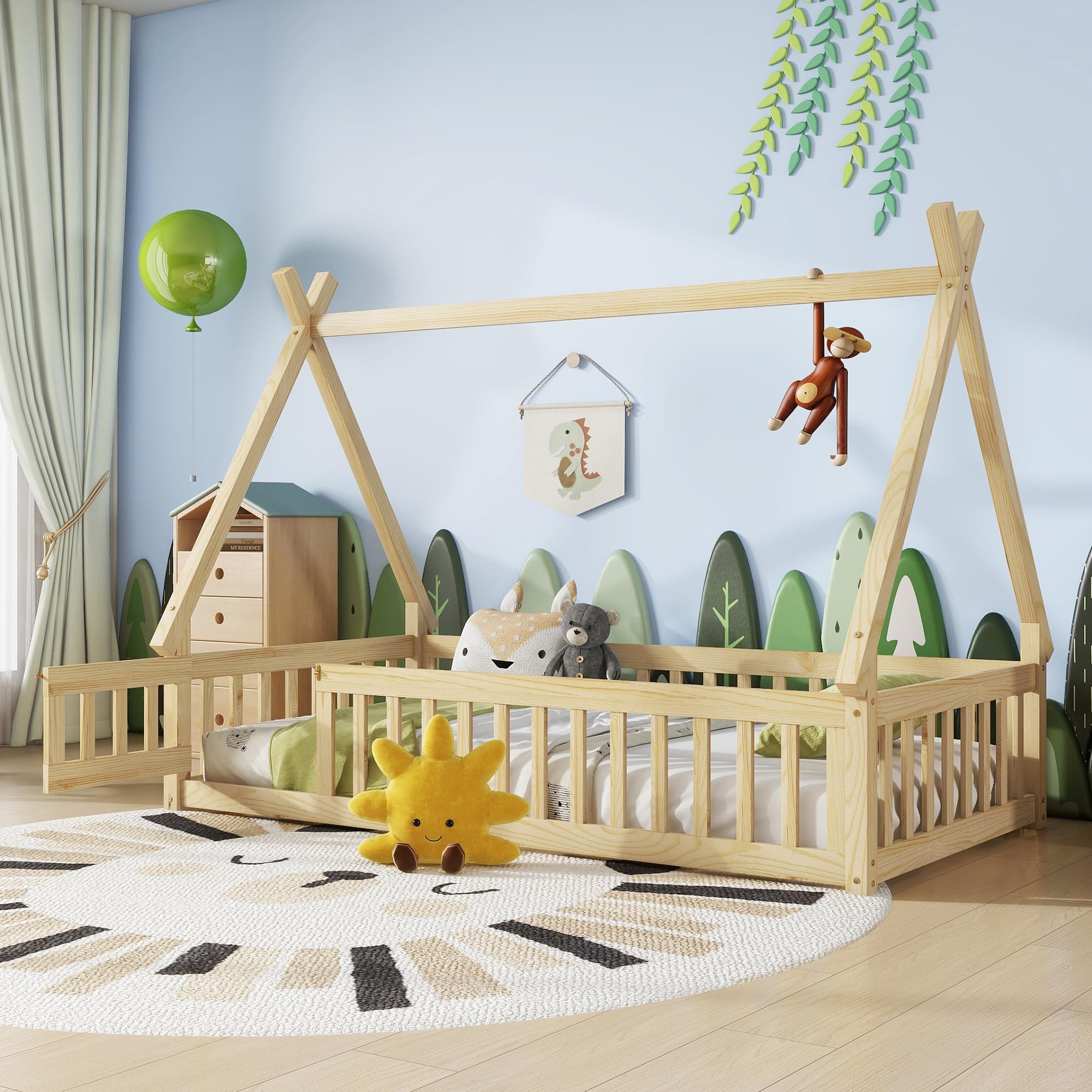 Montessori Twin Floor Bed for Kids - Natural Wood Teepee Tent Bed Frame with Slats, Guardrails & Safety Door - Perfect for Boys & Girls Bedrooms, Playrooms & Montessori Learning Spaces