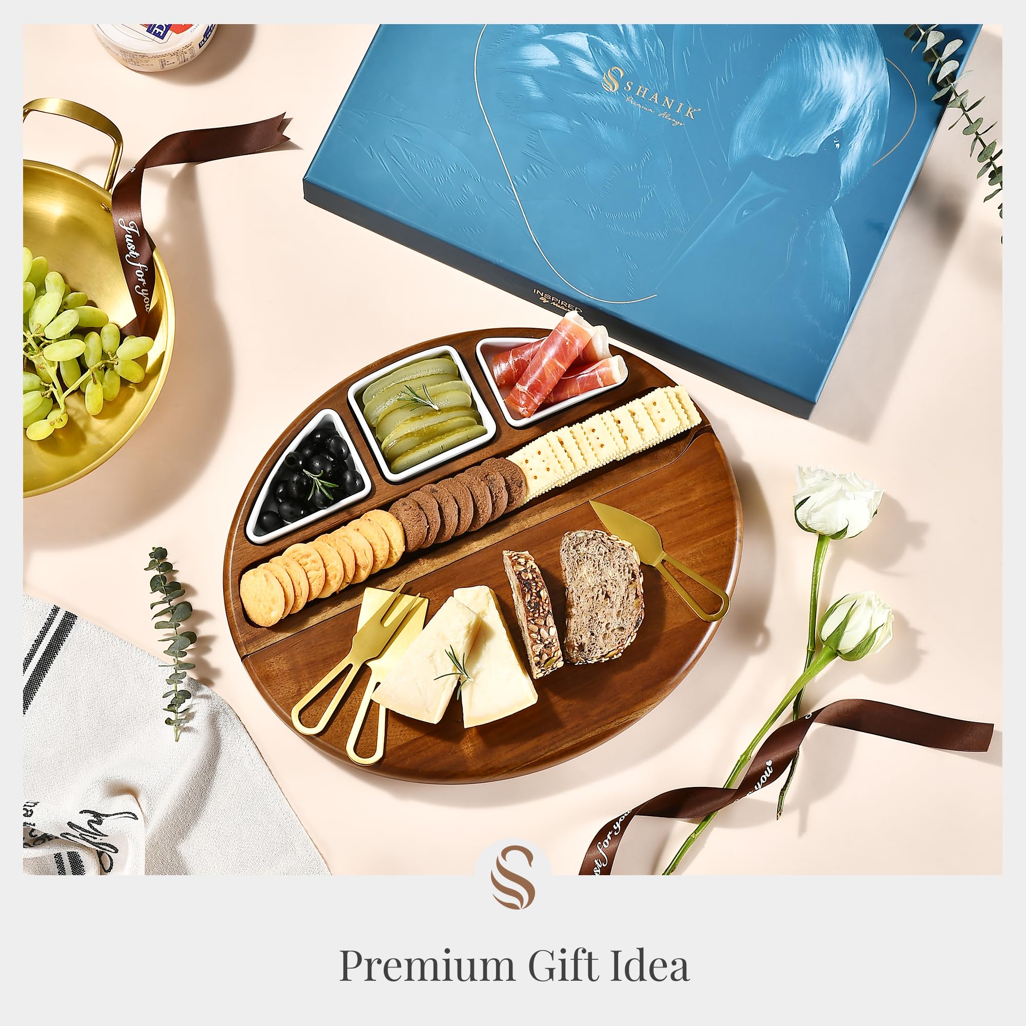 Premium Acacia Wood Cheese Board Set - Large Charcuterie Cutting Board with Engraving - Perfect for Entertaining, Christmas Gifts, Weddings & Parties - Housewarming, Birthday & Anniversary Present - Great for Wine & Cheese Nights, Charcuterie Platters, Holiday Gatherings
