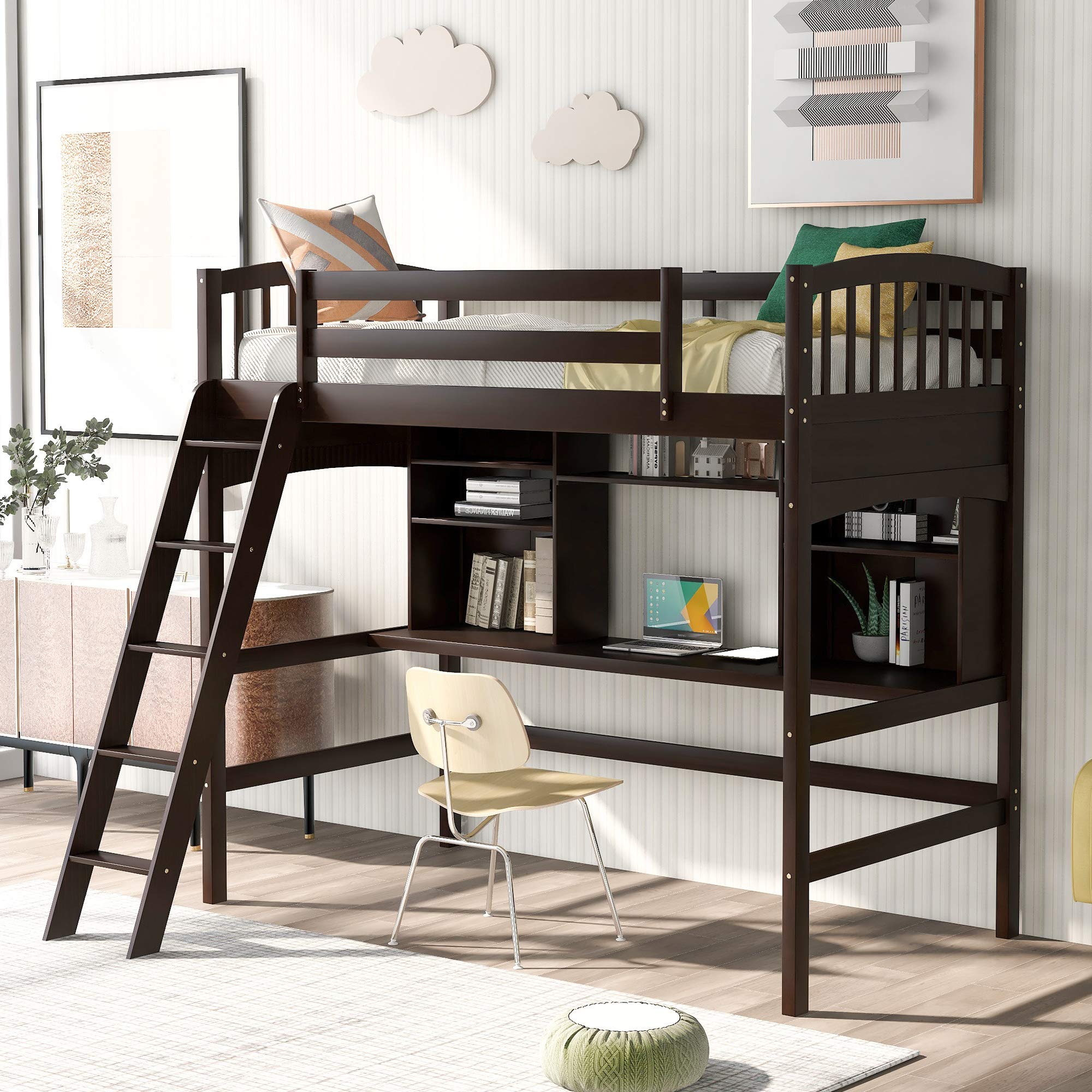 Twin Size Solid Wood Loft Bed with Angled Ladder, Built-in Desk, Storage Shelves & Bookcase - Safety Guard Rail Included, No Box Spring Needed (Espresso Finish) - Perfect for Kids' Bedroom, Dorm Room or Small Space Saving Solution