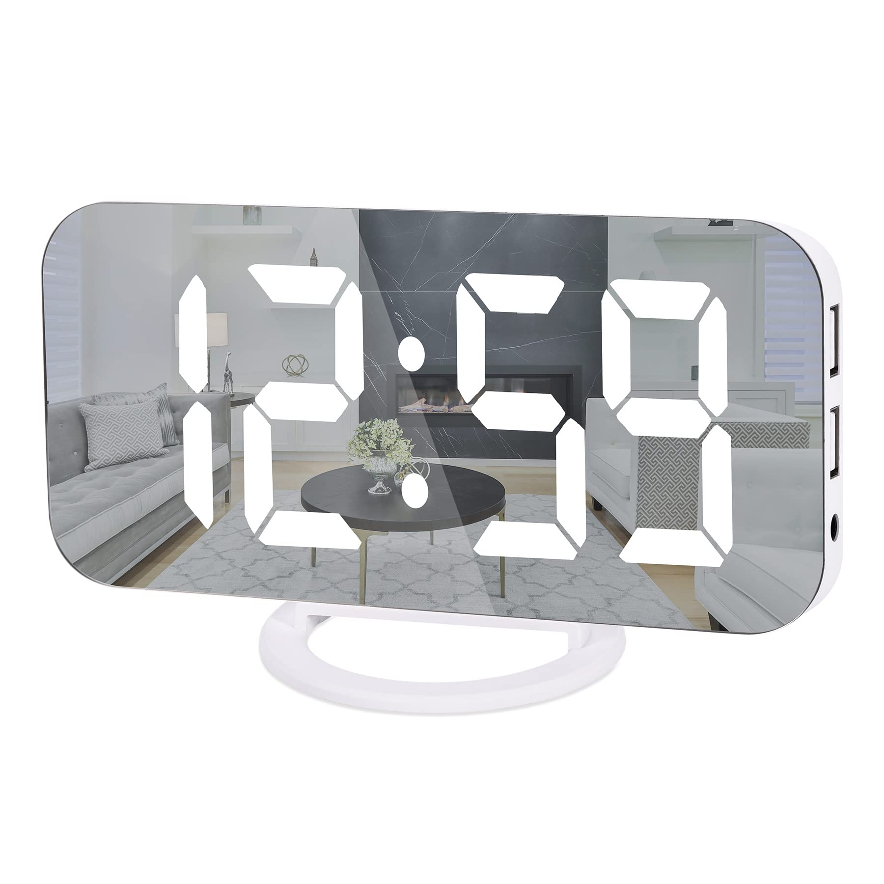 Ygdigital 6.5 Inch Large LED Digital Alarm Clock with Mirror Display, Snooze Function, 12/24H Time Format, Dual USB Charging Ports, 3 Adjustable Brightness - Perfect for Bedroom, Home Office & Travel (White)