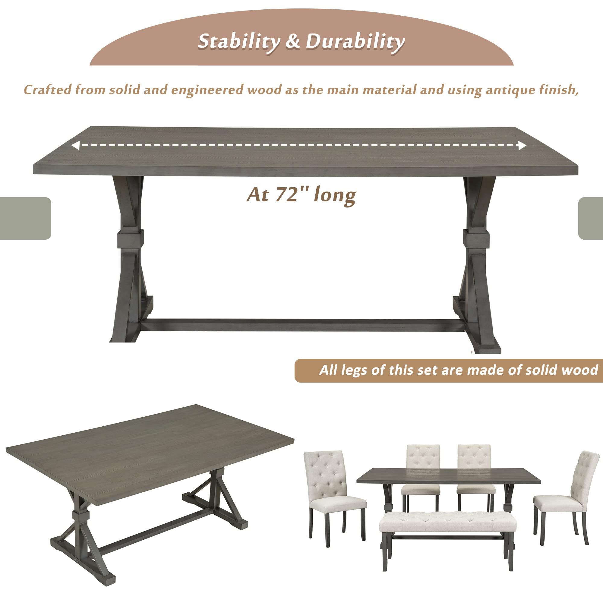 P PURLOVE 6-Piece Wooden Dining Table Set - 78
