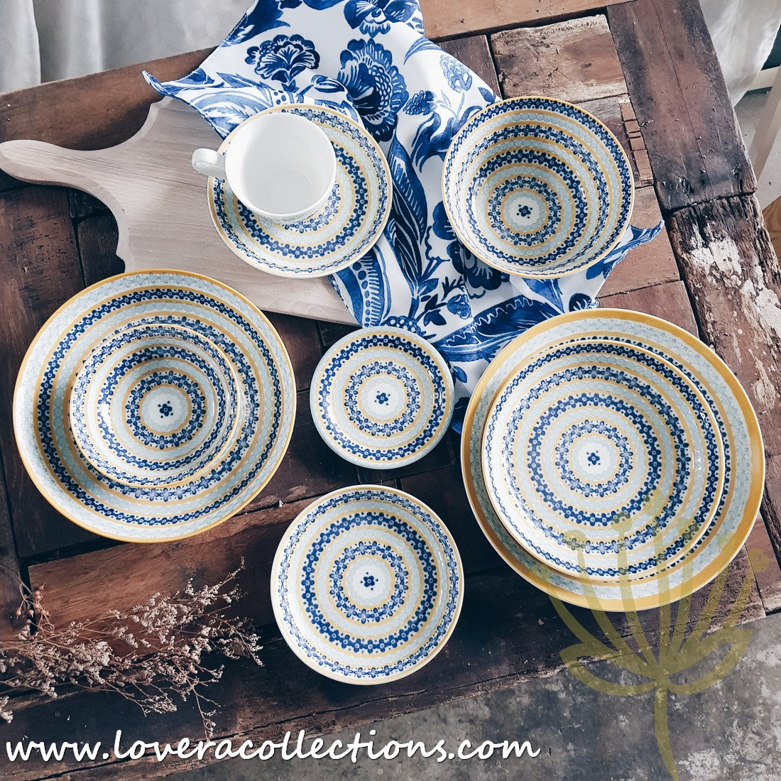Awasaka Japan Blue & Yellow Floral Tea & Dinnerware Set - Elegant Japanese Ceramic Cups, Plates & Serving Dishes for Afternoon Tea, Dinner Parties & Home Decor