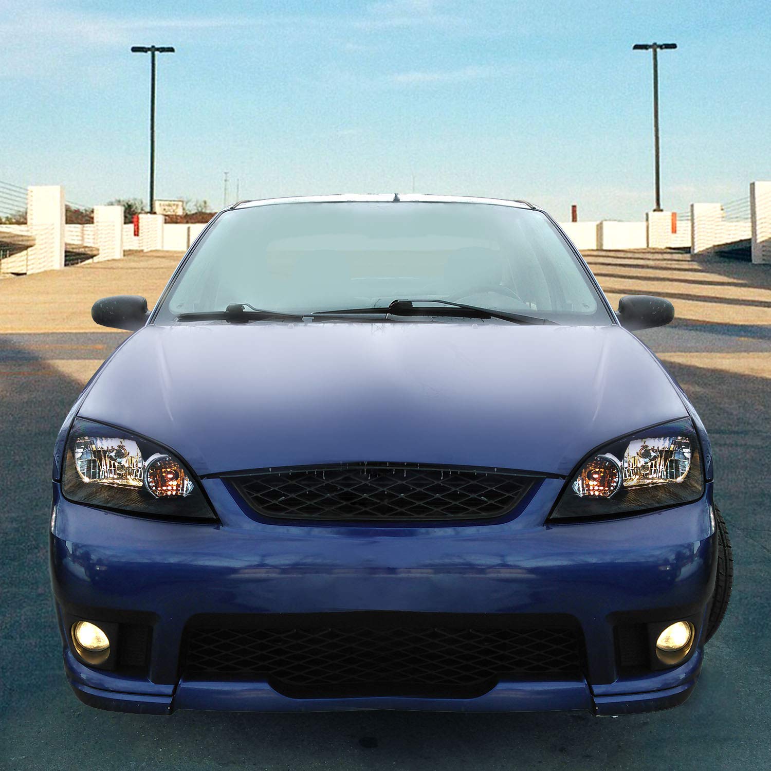 AmeriLite Replacement Headlights for Ford Focus ZX4 - Black 4-Door LED Headlamps (Passenger & Driver Side) | Improved Night Visibility & Style Upgrade