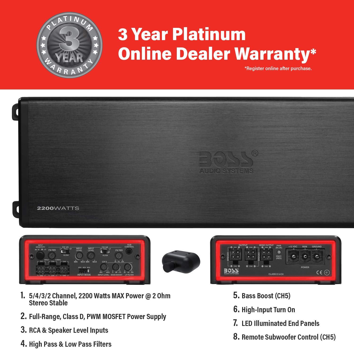 BOSS Audio Systems Elite BE2200.5D 5 Channel Class D Car Amplifier - 2200W High Power, 2 Ohm Stable, Digital Full Range Audio, MOSFET Power Supply | Perfect for Car Audio Systems, Home Theater Speakers & Subwoofers | Enhance Your Music, Movies & Gaming Experience