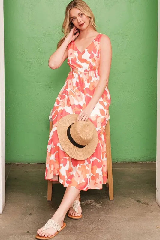 Floral Print Sleeveless V-Neck Midi Dress for Women - Perfect for Summer Vacations, Beach Outings & Casual Daytime Wear
