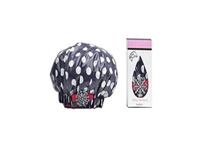 Dry Divas Designer Shower Cap for Women - Washable & Reusable Large Bouffant Bath Cap with Vintage Jeweled Brooch (Lotza Dotza) | Perfect for Spa, Travel & Hair Care Routine