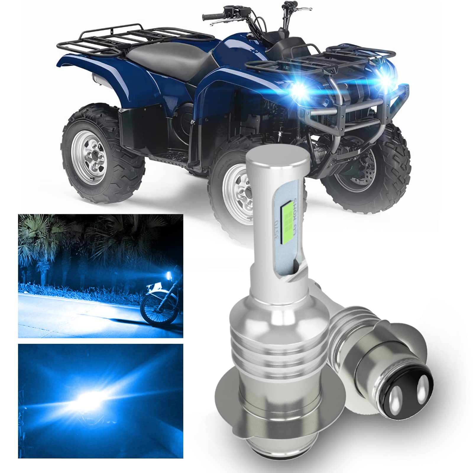 Yamaha Grizzly 660 400 450 350 125 LED Headlight Bulb Kit - P15D H6M High/Low Beam 1500LM 8000K Ice Blue Halogen Replacement Bulbs (Pack of 2) - Perfect for Off-Road ATV Night Riding & Trail Adventures