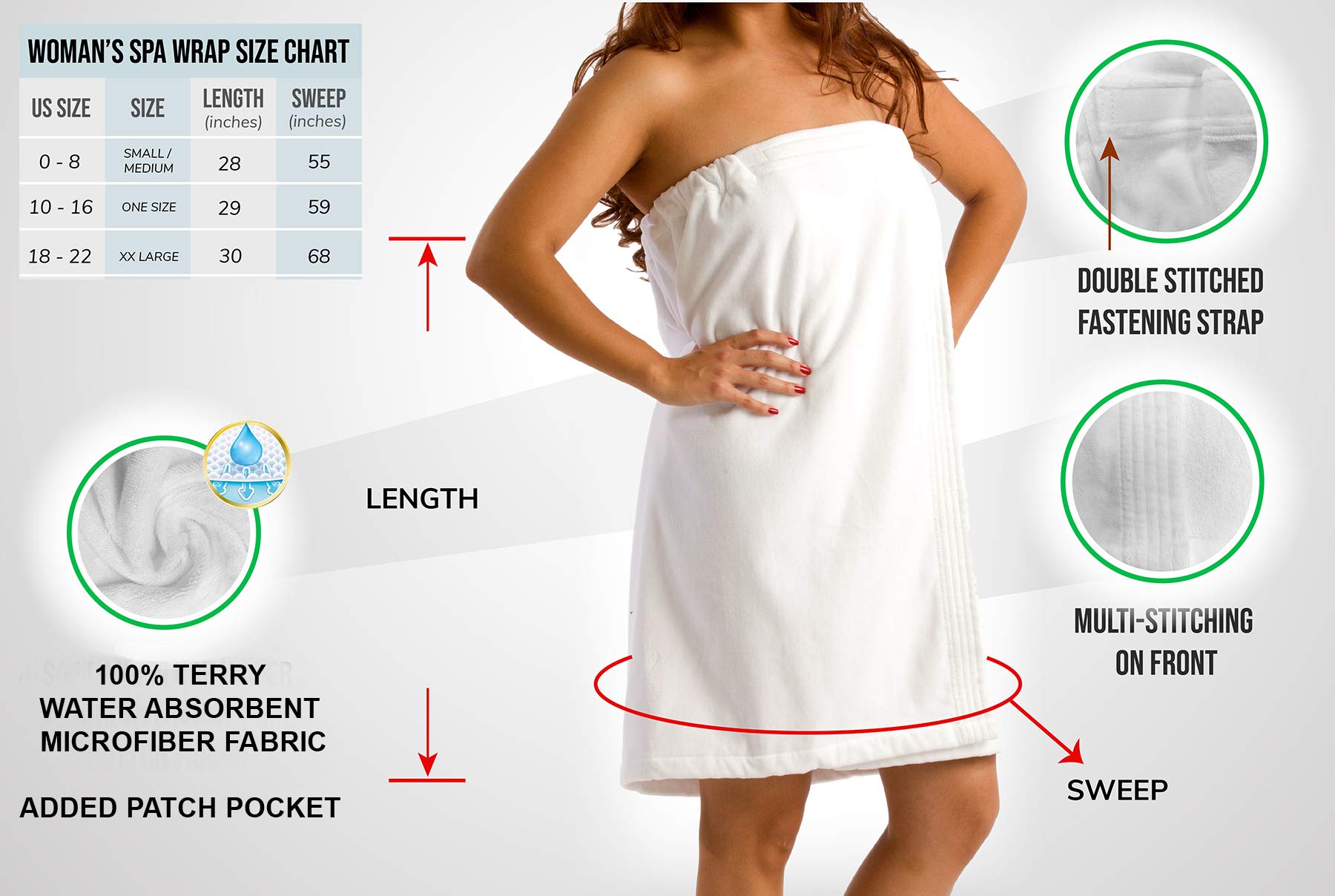Women's Quick Dry Microfiber Spa Wrap Towel with Pocket - XXX-Large Black for Bath, Shower & Beach Cover-Up