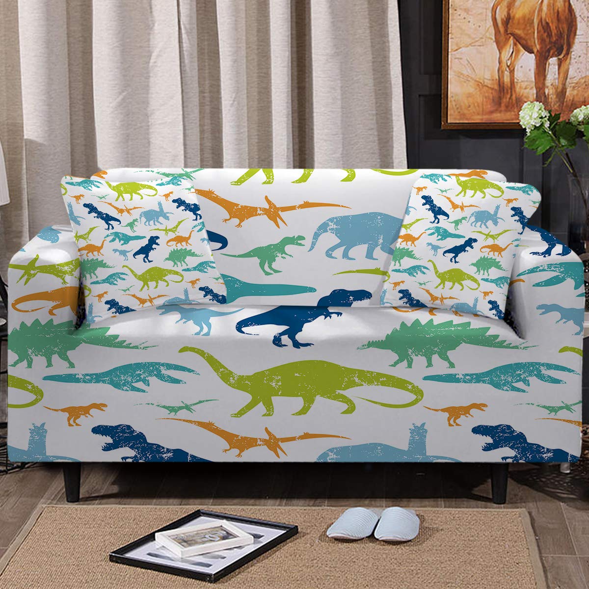 Dinosaur Print Stretch Sofa Slipcover - 3 Cushion Couch, Loveseat & Armchair Cover with 2 Free Pillow Covers (Blue Green Orange) - Perfect for Kids Room, Playroom & Dinosaur Themed Decor