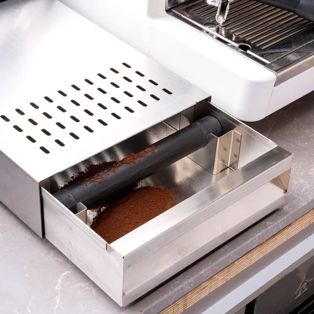 Restaurantware Restpresso 13.5 x 9.75 x 3.75 Inch Stainless Steel Espresso Knock Box with Detachable Drawer & Silicone Knock Bar - Durable Coffee Grounds Container for Baristas & Home Brewing - Perfect for Espresso Machines in Cafes, Coffee Shops & Home Kitchens