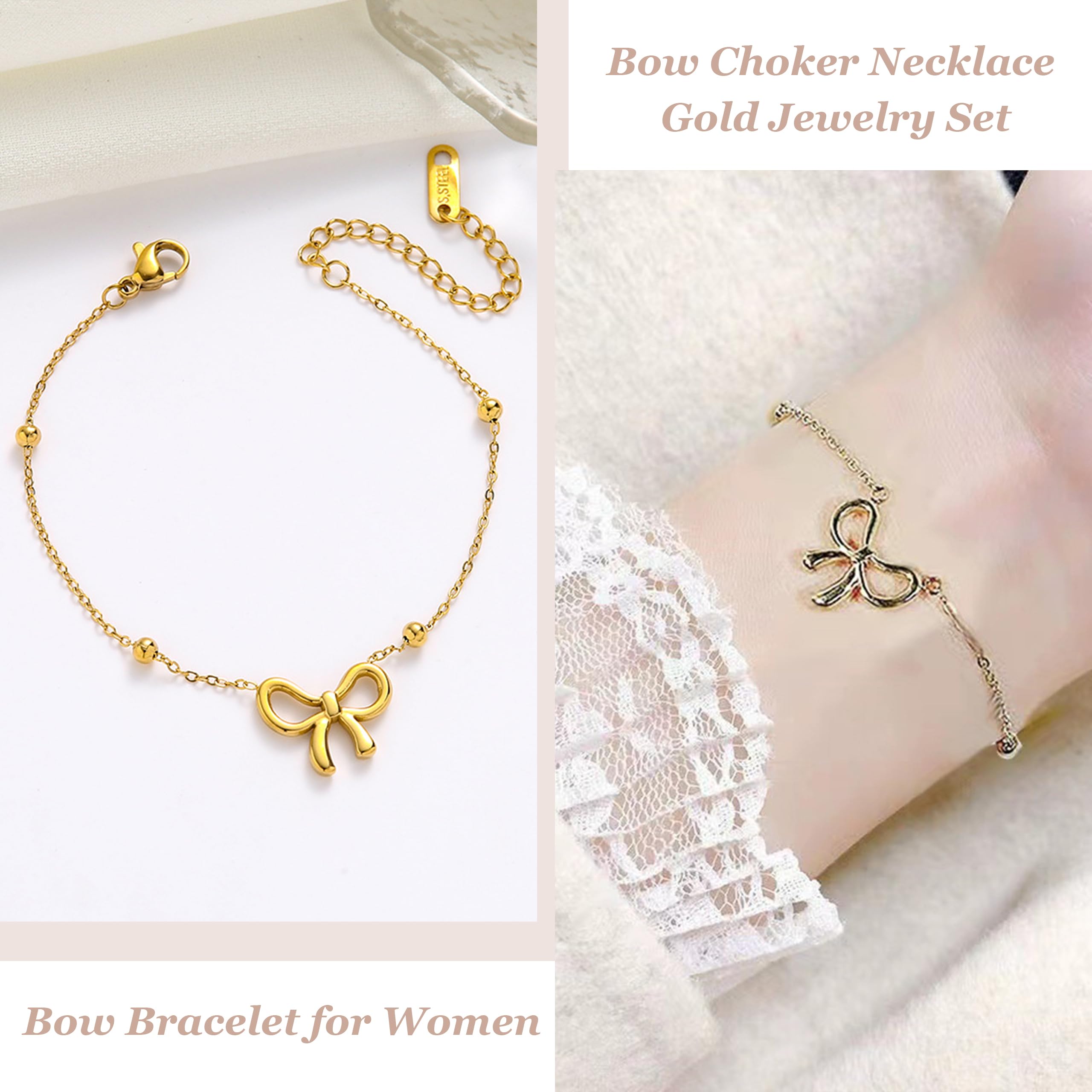 Elegant Bow Jewelry Set for Women - Necklace, Earrings & Bracelet | Bowknot Pendant Chain, Ribbon Stud Earrings | Coquette Accessories | Perfect Christmas Gift for Her | Ideal for Parties, Dates & Special Occasions