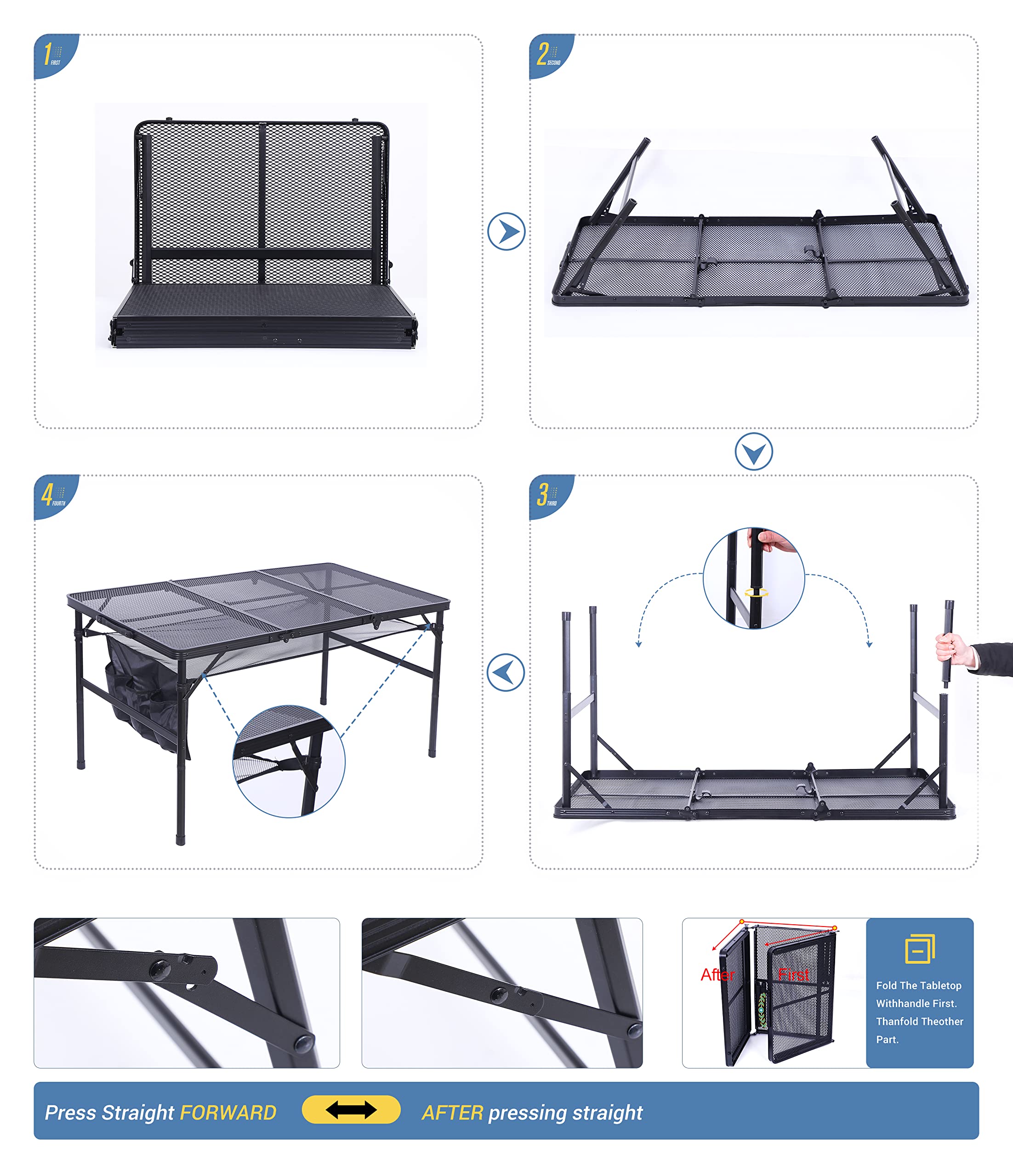 Adjustable Height C-Shaped Grill Table - Portable Outdoor Camping & Picnic Side Table with Mesh Storage Bag & Carry Handle (47.3