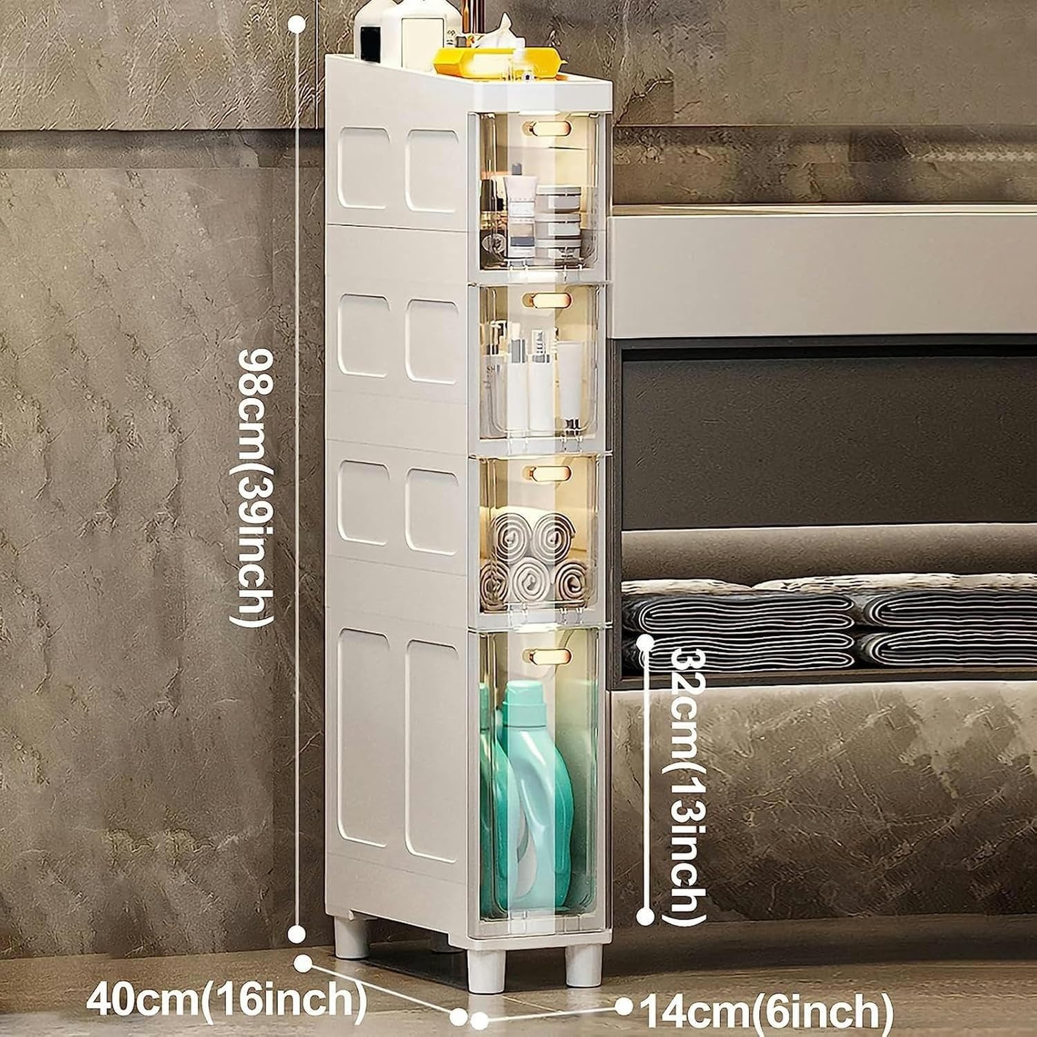 Stackable Narrow Tall Slim Storage Cabinet with Plastic Drawers & Casters - 3/4/5 Tier Floor Organizer for Bathroom, Kitchen, Office | Sturdy Toilet Paper & Household Item Storage Solution