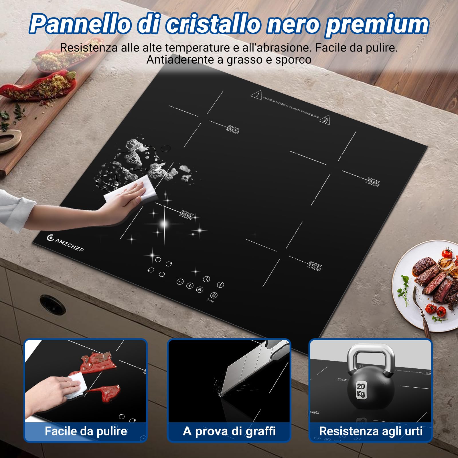 AMZCHEF 60cm 4-Burner Induction Cooktop with Boost Function, 9 Power Levels, Safety Lock, Touch Control, Timer - 7200W for Fast & Efficient Cooking - Perfect for Home Kitchens, Restaurants & Outdoor Use