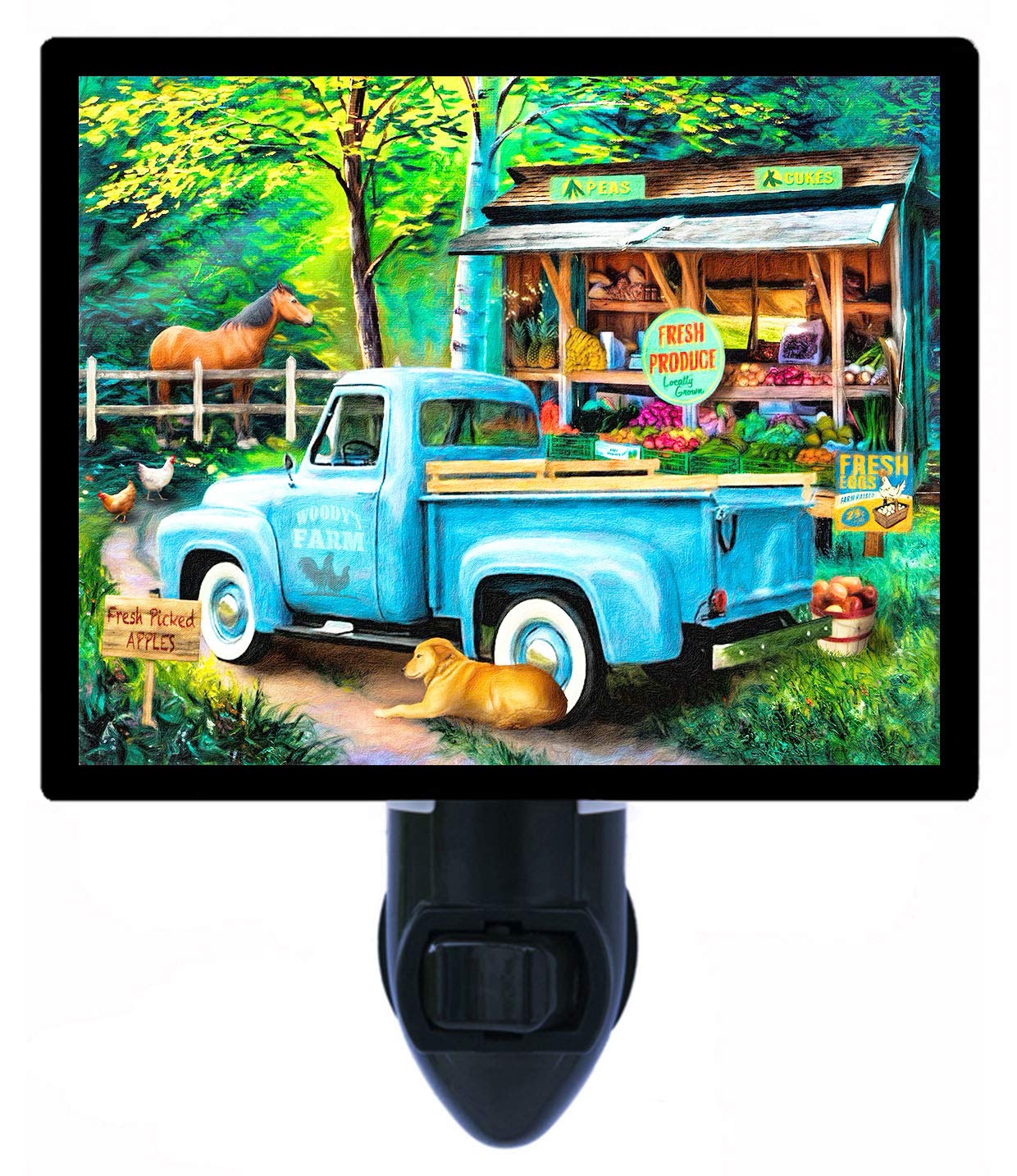 Woody's Farm Stand LED Decorative Photo Night Light - Rustic Country Style with Truck & Horse Design | Perfect for Bedroom, Nursery, Living Room Decor