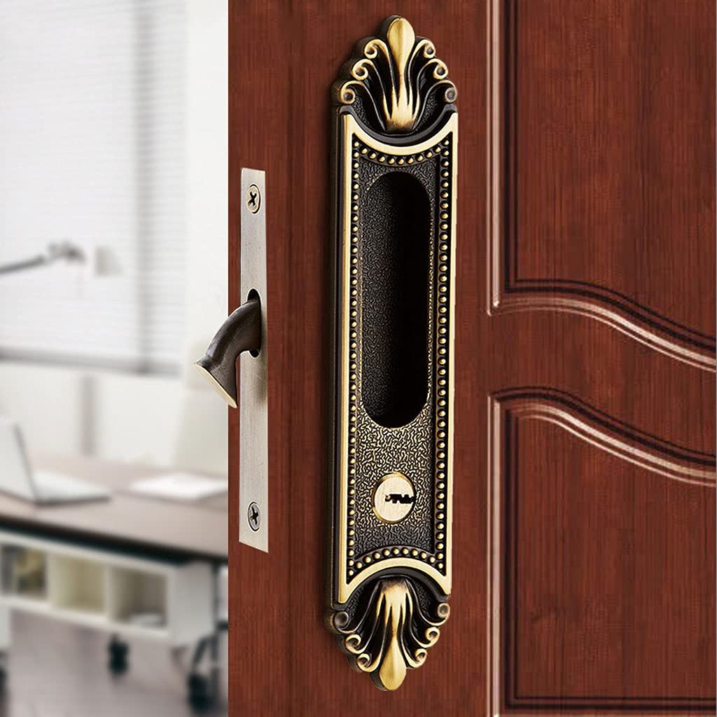 Pure Copper Sliding Door Knob Lever with Key - Concealed Hook Lock Handle for Bedroom Doors (Bronze) | Secure & Stylish Interior Door Solution for Homes & Offices