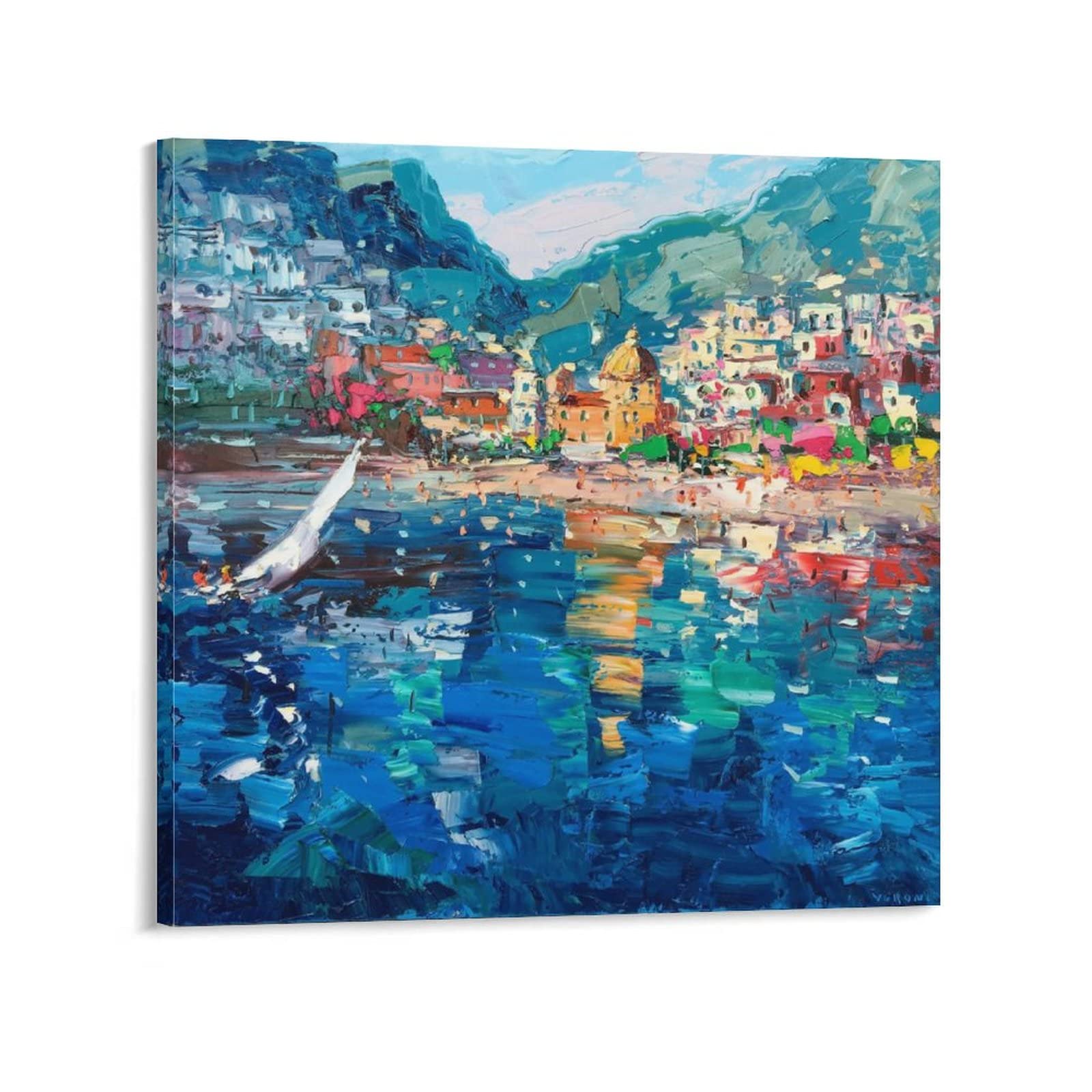 Abstract Amalfi Coast Seascape Painting - Large 28x28 Inch (70x70cm) Canvas Wall Art for Living Room, Bedroom, Office & Kitchen Decor | Italian Coastal Landscape Artwork | Perfect for Home & Office Interior Design