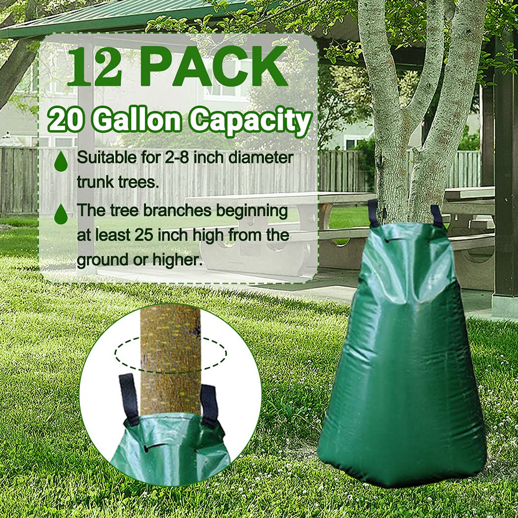 12 Pack 20 Gallon Tree Watering Bags - Heavy Duty Reusable Slow Release Gator Bags for Trees | Premium PVC Plant Drip Irrigation Bags (5-8 Hours Releasing Time) | Perfect for Drought Protection, Newly Planted Trees & Garden Irrigation