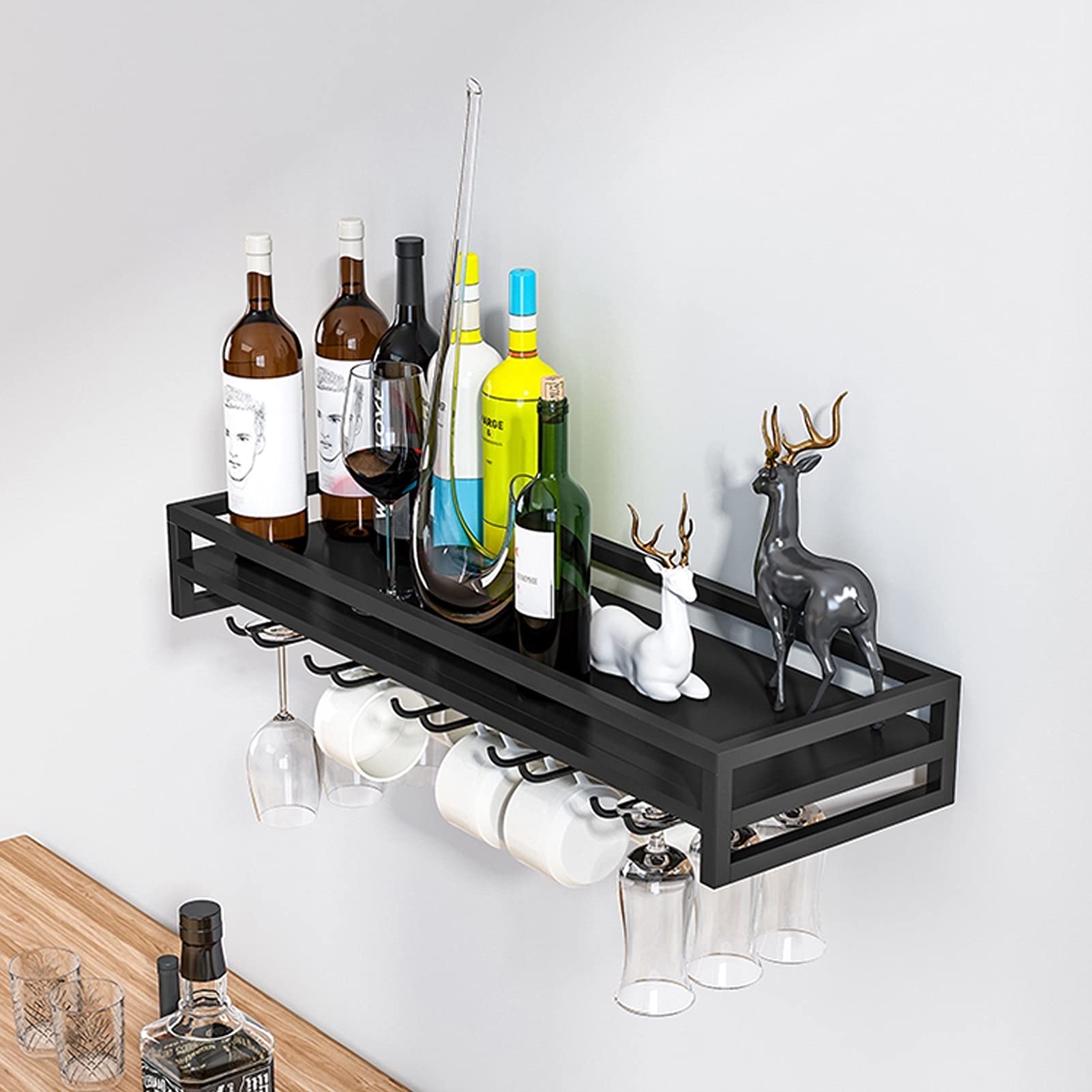 Black Metal Wall Mounted Wine Rack - Space Saving Wine Storage Shelf for Champagne Glasses & Stemware - Hanging Wine Glass Holder Organizer for Home Bar, Kitchen Decor (60/80/100cm) - Perfect for Dining Room, Wine Cellar & Entertaining Guests