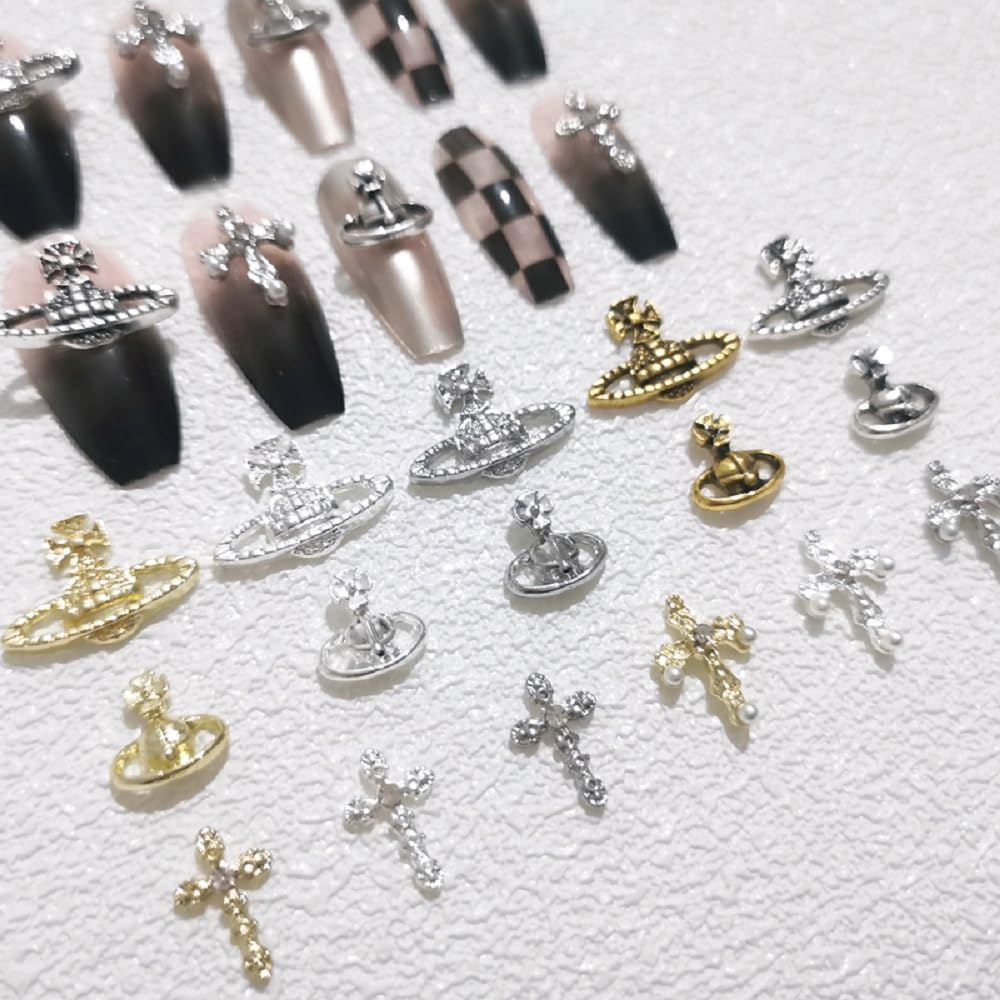 60Pcs 3D Y2K Kawaii Planet & Cross Nail Charms - Gold and Silver Nail Art Gems for Acrylic Nails, DIY Nail Jewelry Decorations for Women & Girls | Perfect for Party, Festival, and Everyday Nail Art Designs