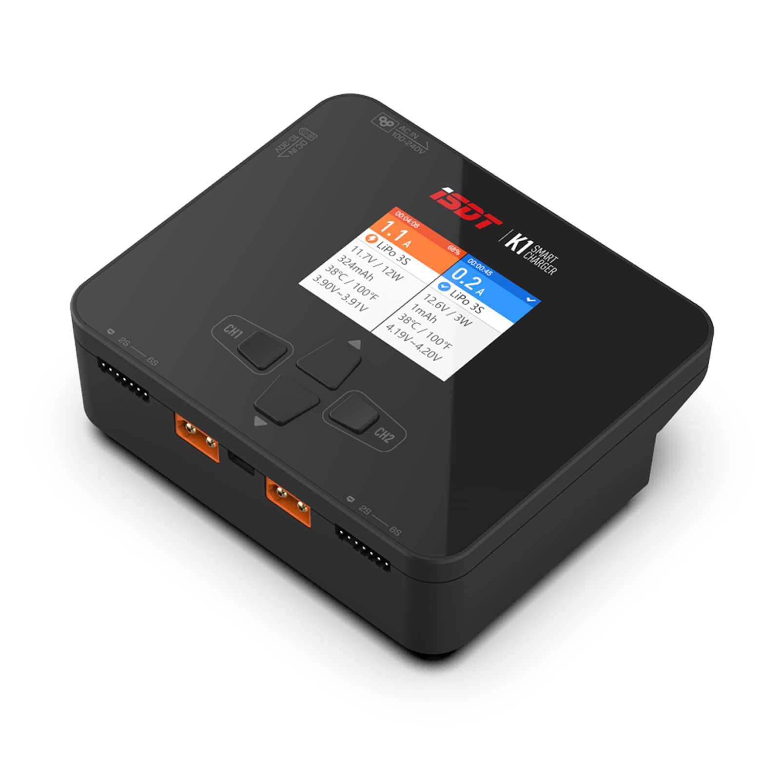 ISDT K1 Dual Channel 100W AC/250W DC Smart Battery Charger for 1-6S LiPo, LiFe, LiHv, Pb, NiMH/Cd - Perfect for RC Cars, Drones, and Hobby Charging Needs